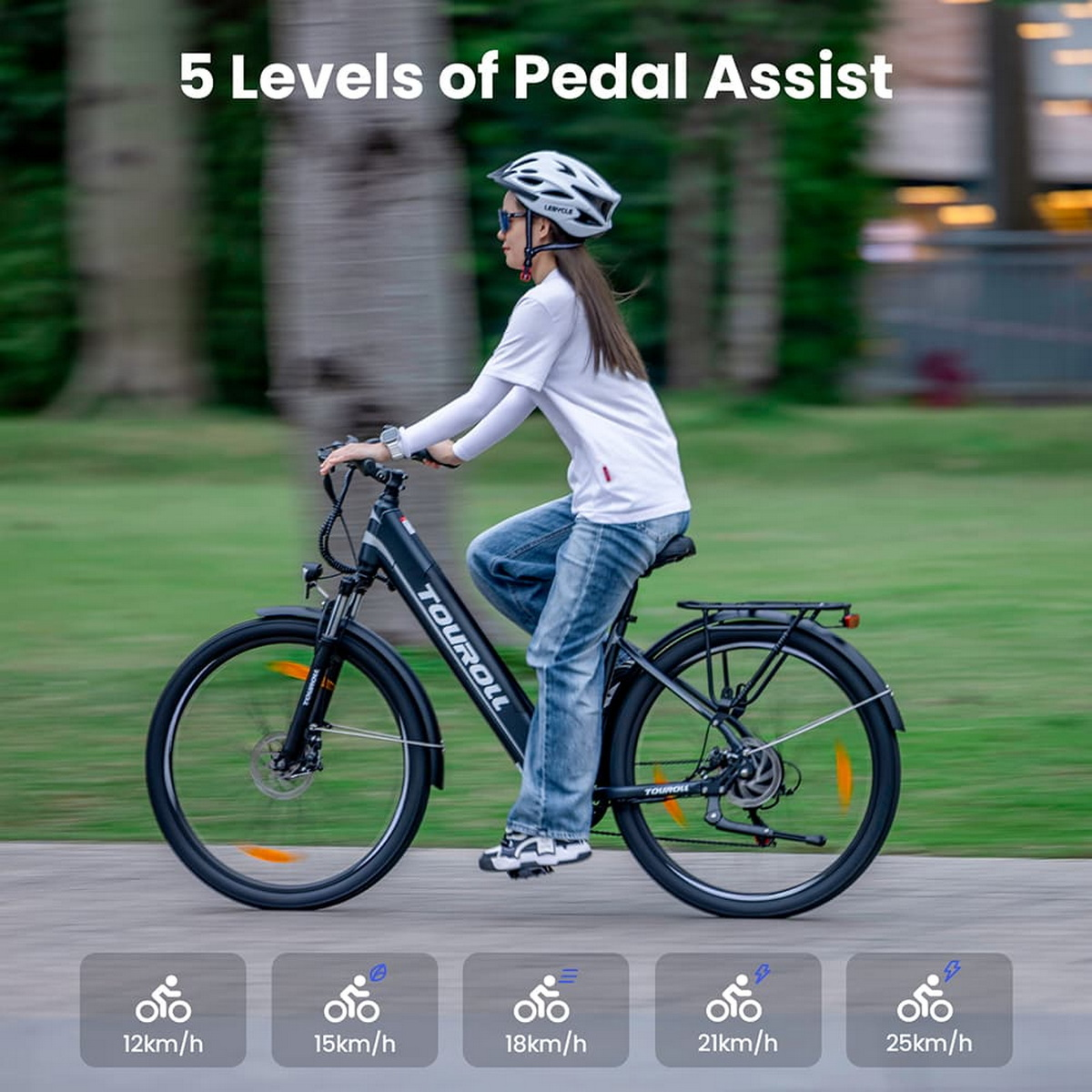 Osoba jedzie czarnym rowerem elektrycznym. Tekst: 5 poziomów wspomagania pedałowania.