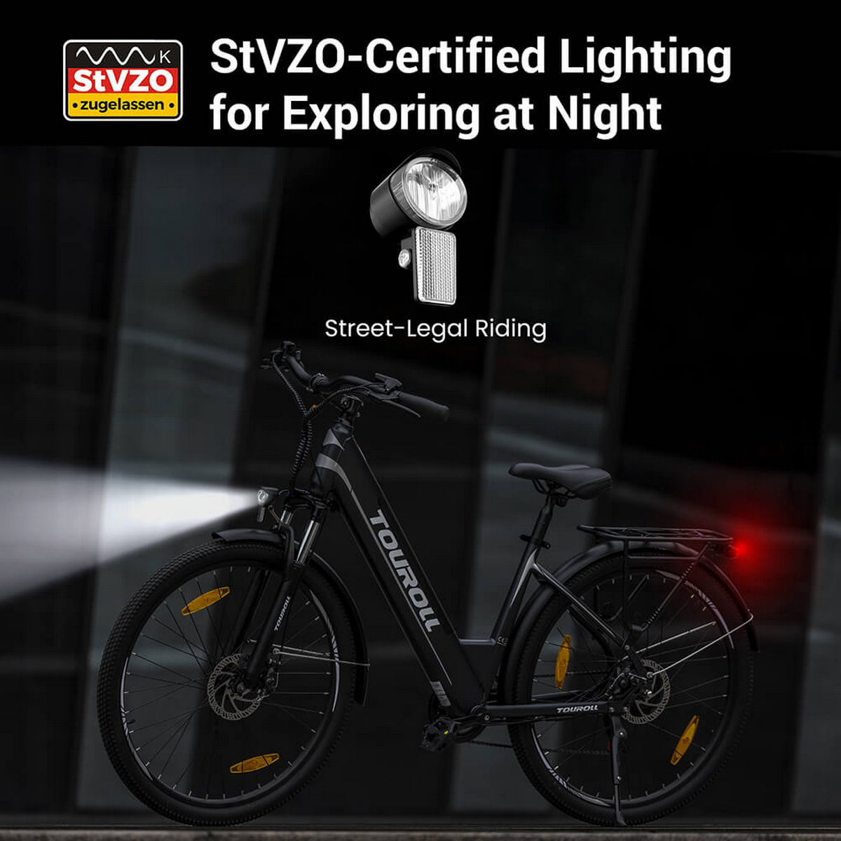 Schwarzes Elektrofahrrad mit Lichtern, auf dunklem Hintergrund, Text sagt StVZO-zertifizierte Beleuchtung.