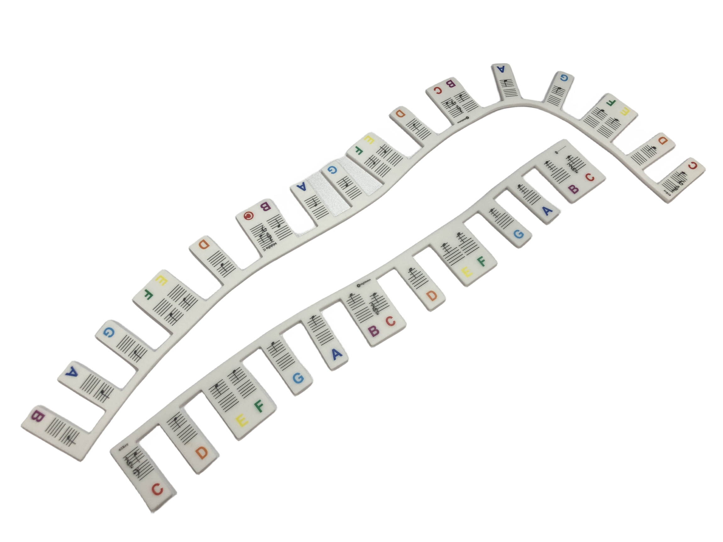 Zwei Streifen weißer Keyboardaufkleber mit Buchstaben und Symbolen auf schwarzem Grund.