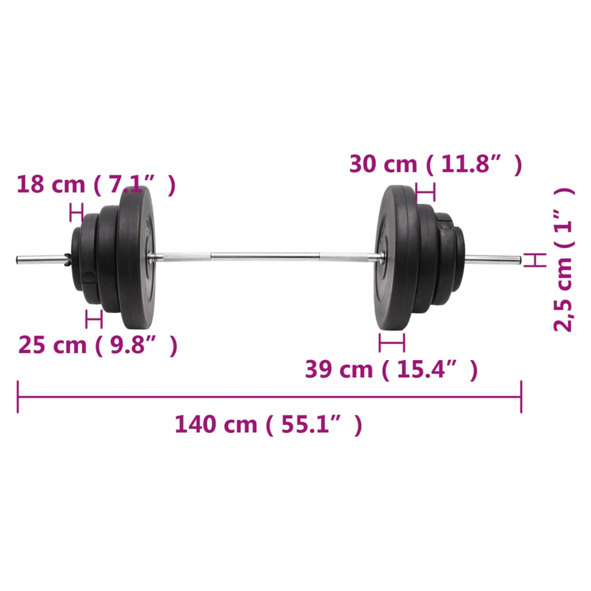 Langhantel mit schwarzen Gewichtsplatten. Maße sind beschriftet: 140 cm, 30 cm, 25 cm, 18 cm und 39 cm.