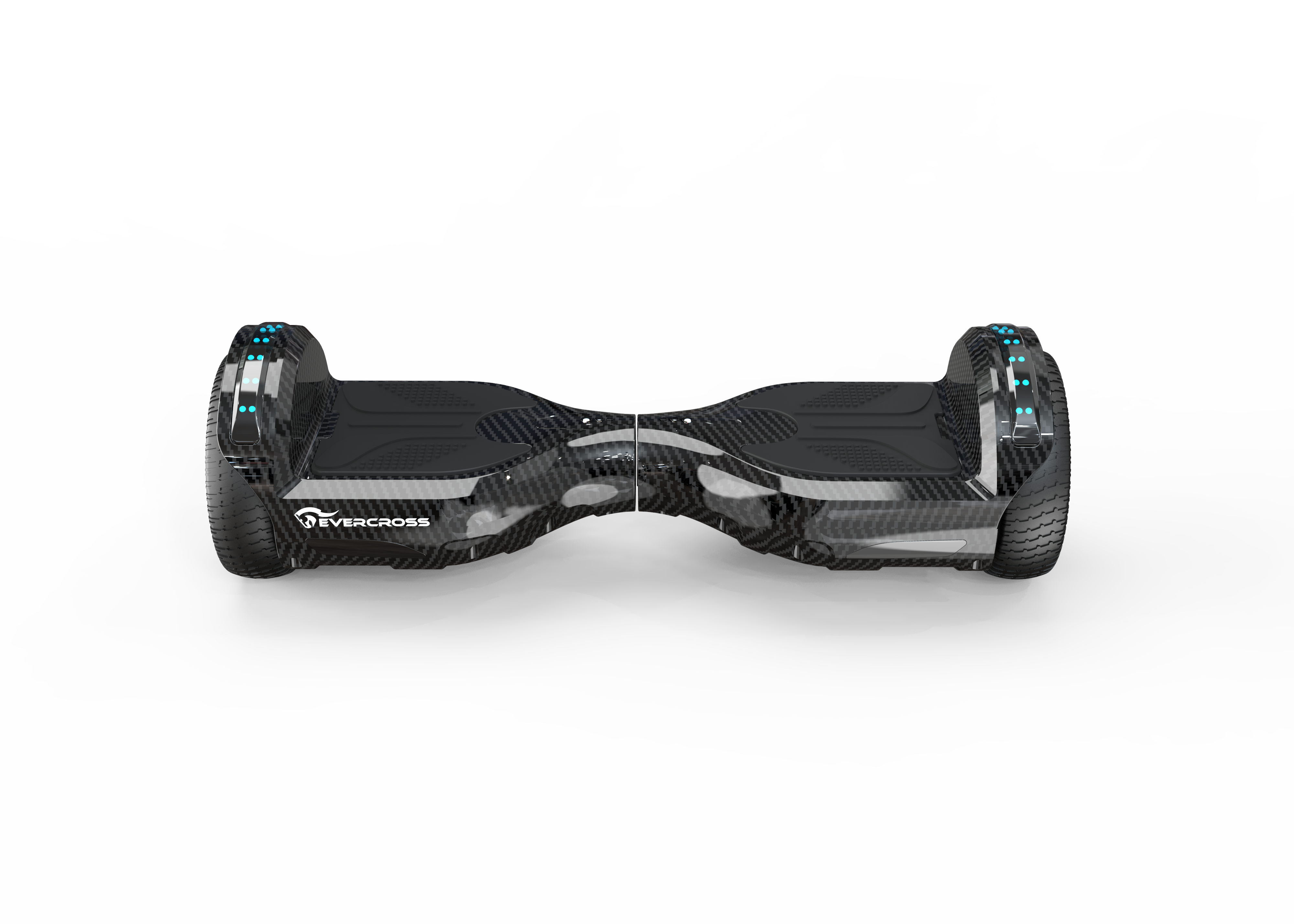 Ein schwarzes Hoverboard mit blauen Lichtern, von oben gesehen. Der Markenname lautet 'EVERCROSS'.