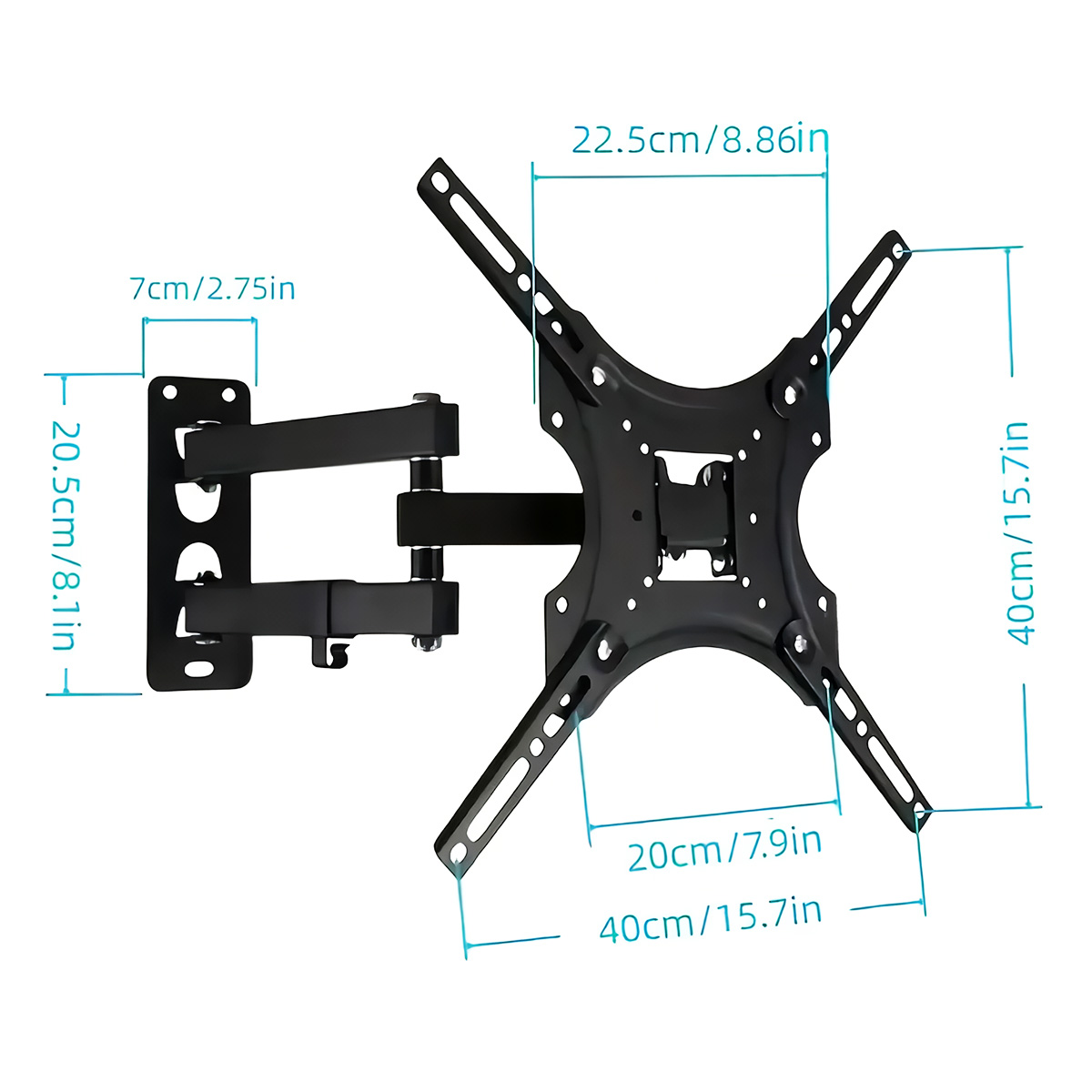 Soporte de pared para TV negro con dimensiones. Tiene un soporte negro y un brazo giratorio.