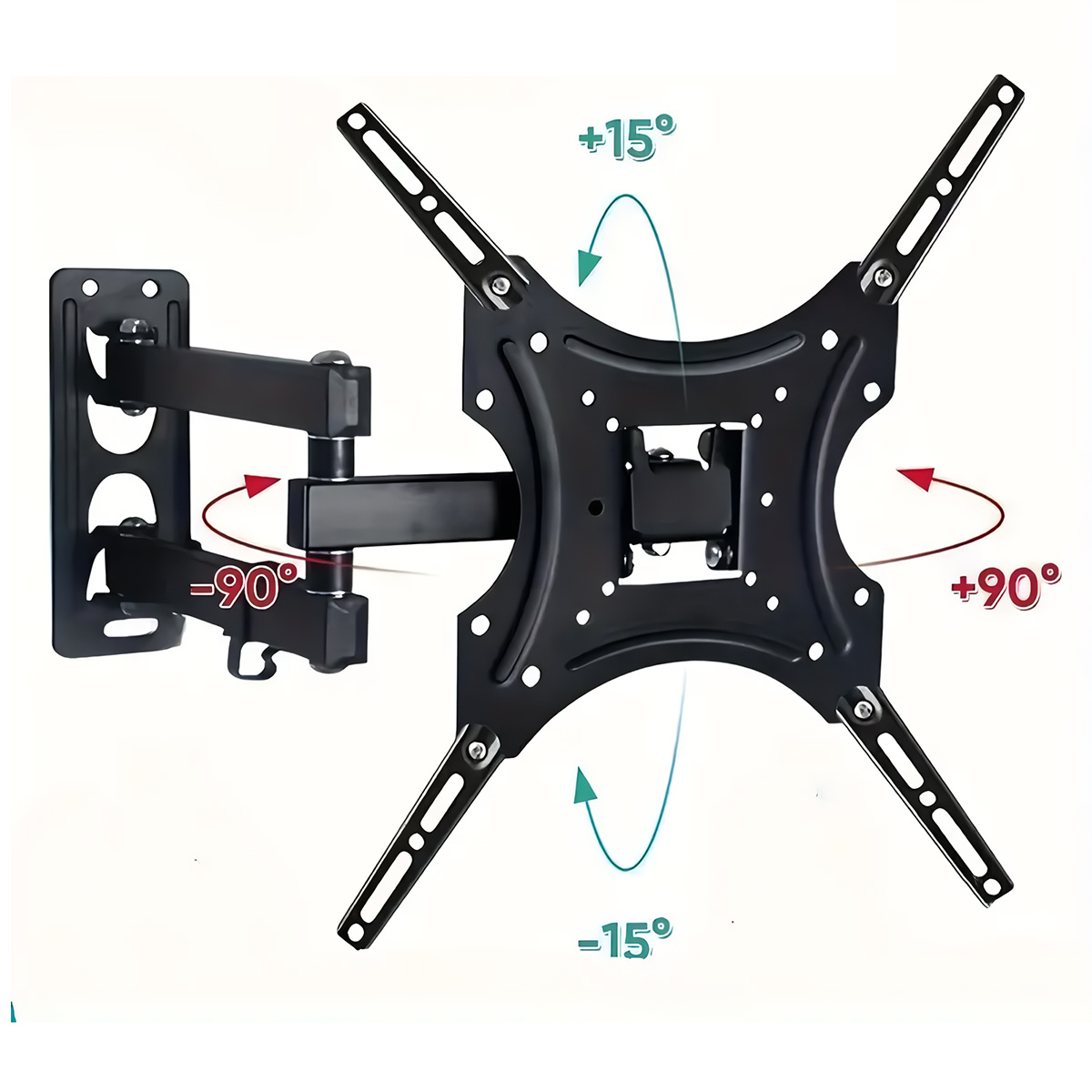 Soporte de pared para TV negro con brazos ajustables. Muestra inclinación +15 y -15 grados, giro -90 y +90 grados.