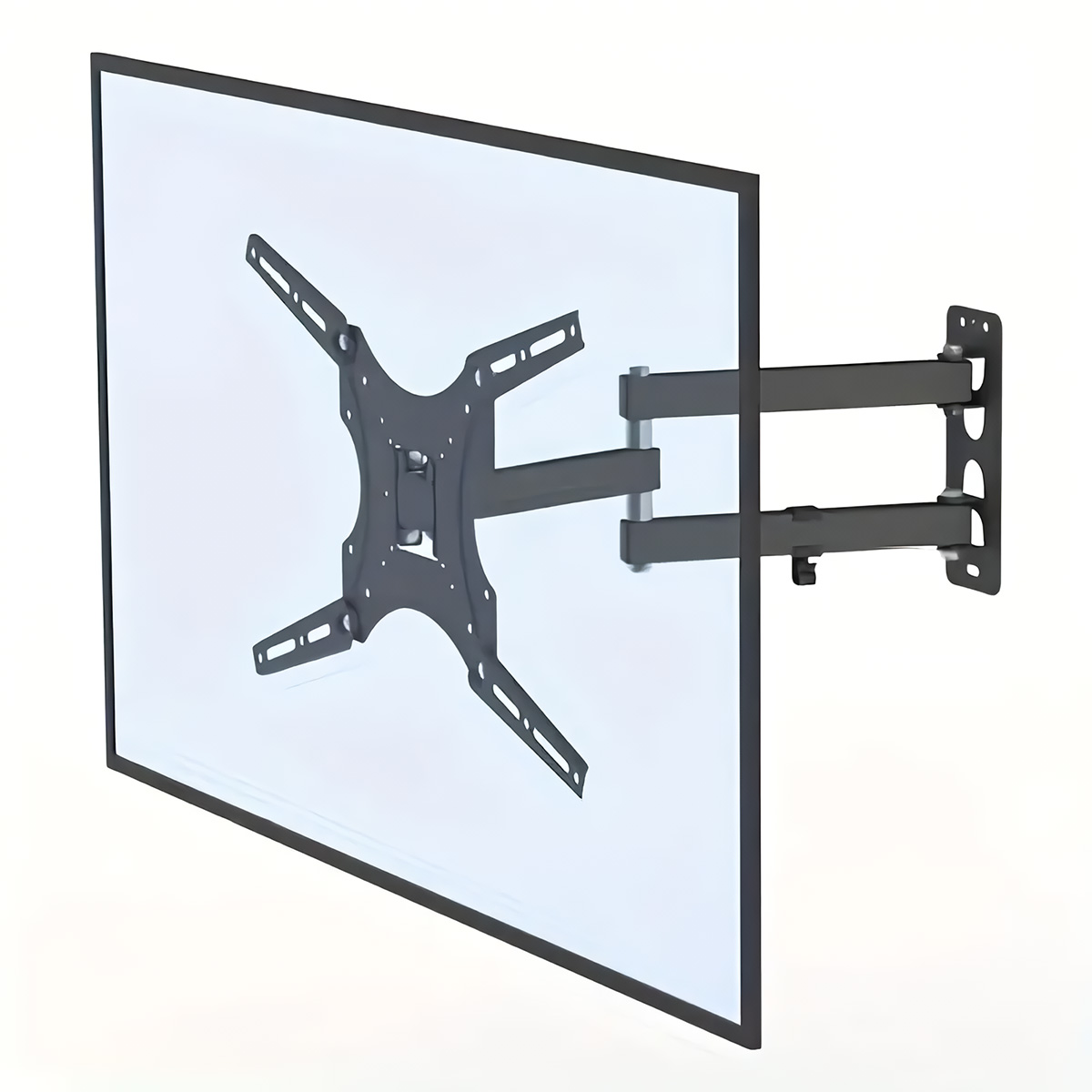 Un televisor negro en un soporte de pared. Los brazos del soporte se extienden. Fondo blanco.