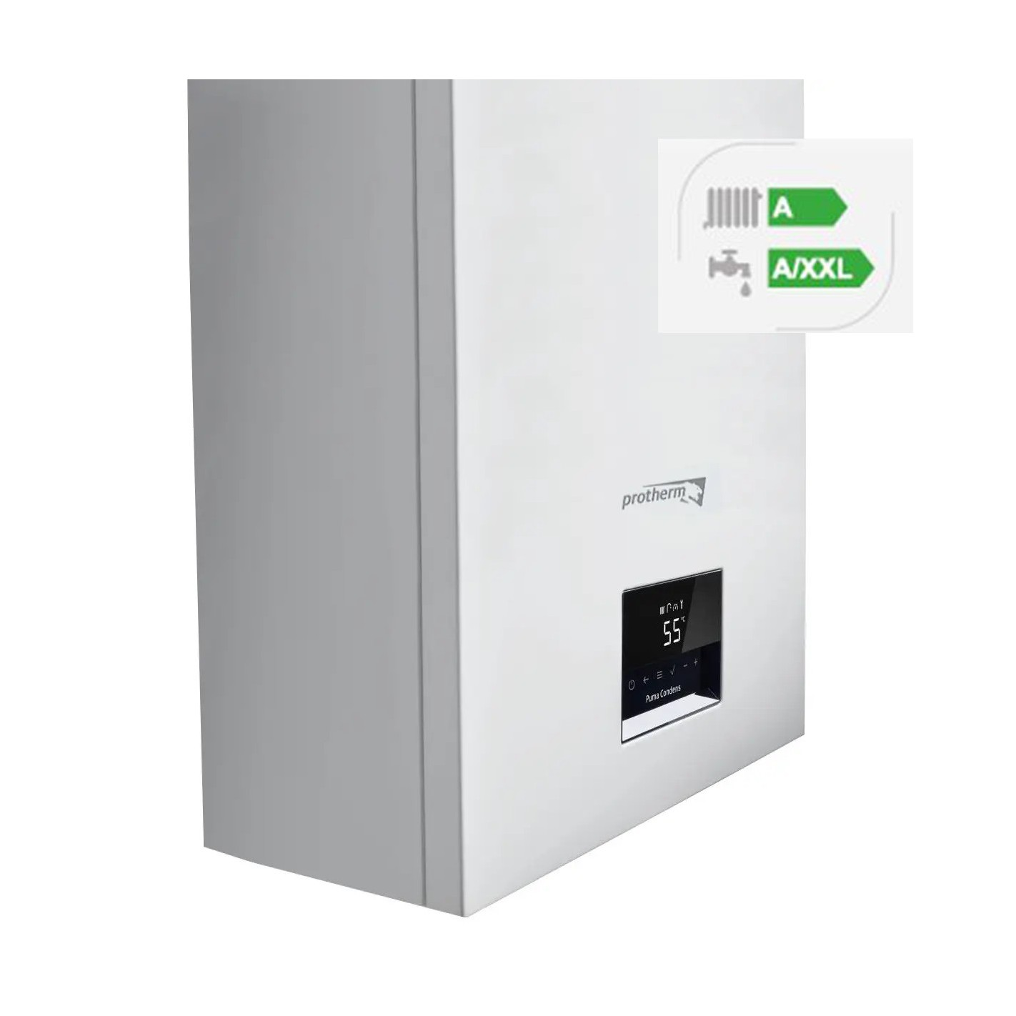 Unidad de calefacción blanca montada en la pared con pantalla digital y etiqueta de eficiencia energética.