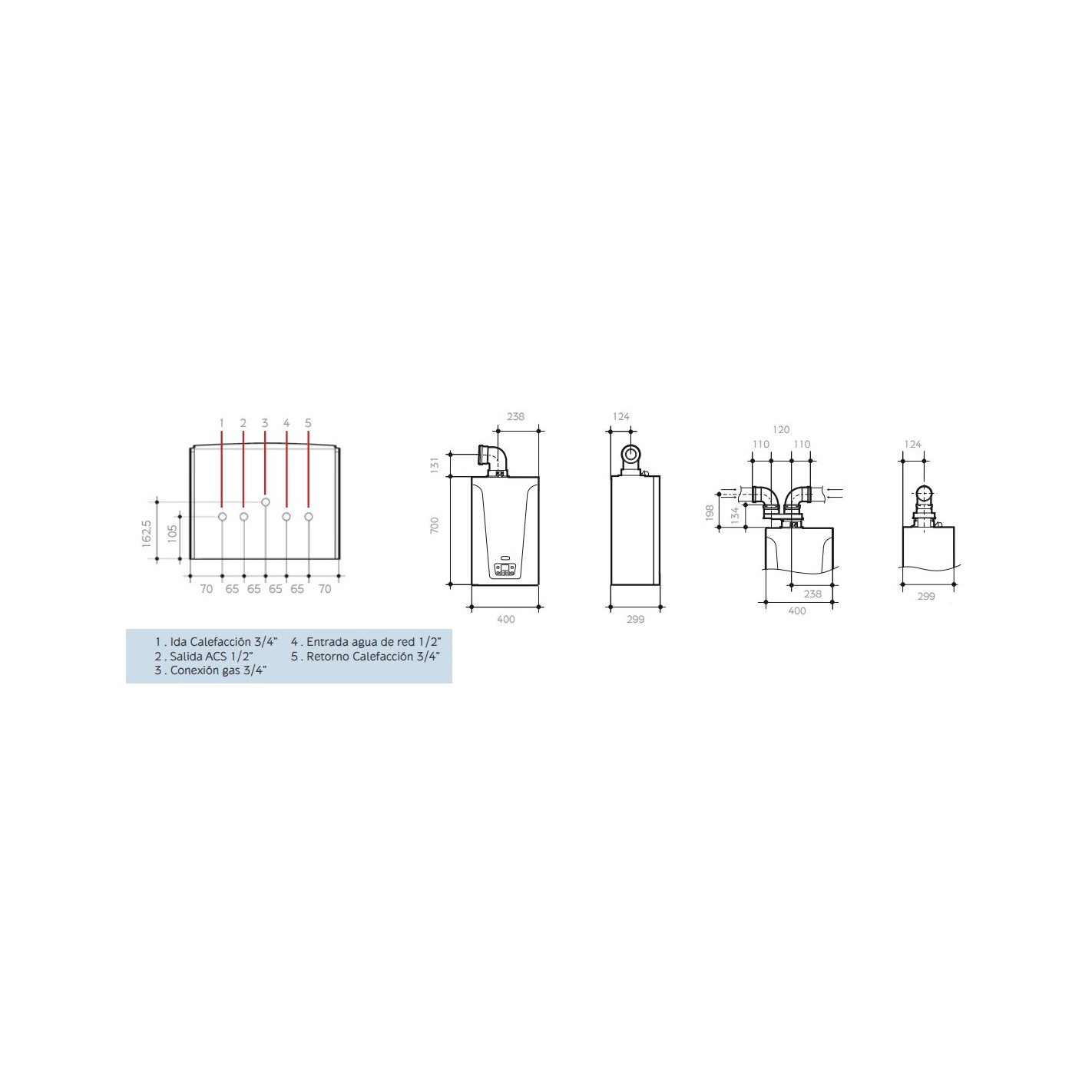 Dibujo técnico con secciones etiquetadas y dimensiones para fontanería o calefacción.