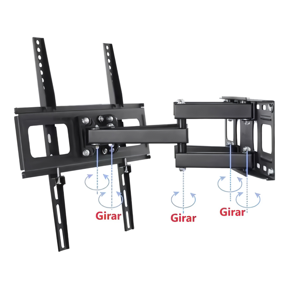 Un soporte de pared para TV negro con múltiples articulaciones, flechas que indican la capacidad de girar el soporte.