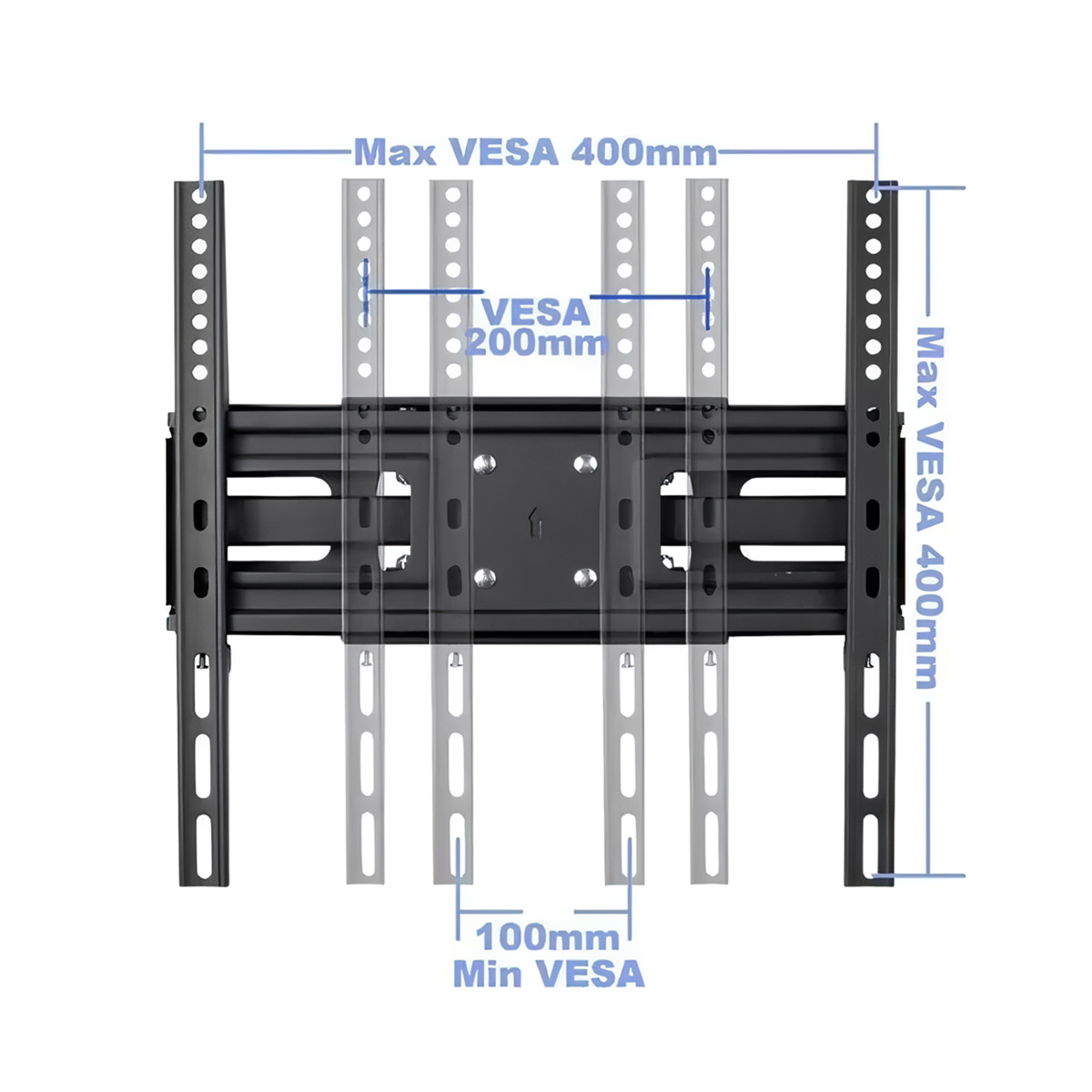 Soporte de pared para TV, metal negro, dimensiones y VESA etiquetados.