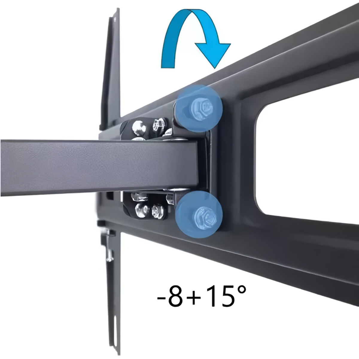 Primer plano de un soporte de TV, con una flecha azul y el texto '-8+15°'.