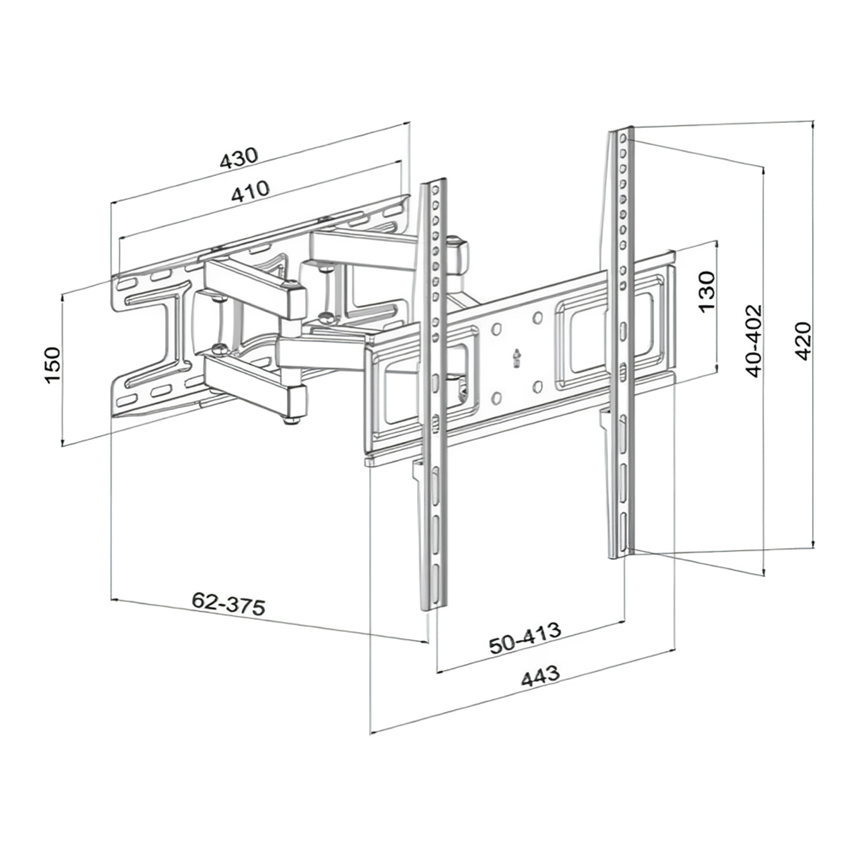 Soporte de pared metálico para TV con dimensiones. Líneas y números indican medidas.