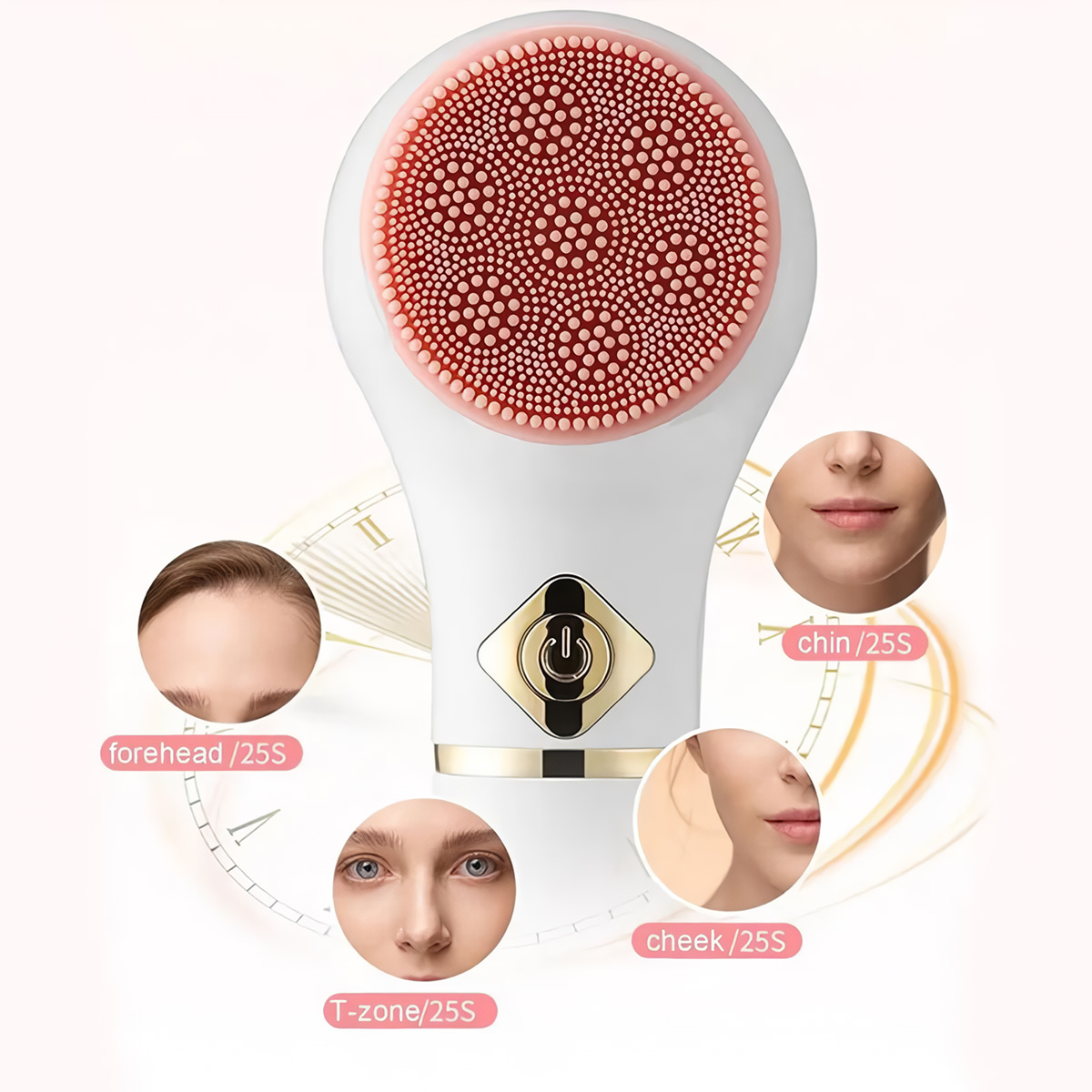 Un cepillo de limpieza facial blanco con una cabeza rosa texturizada, con imágenes de rostros en primer plano alrededor.