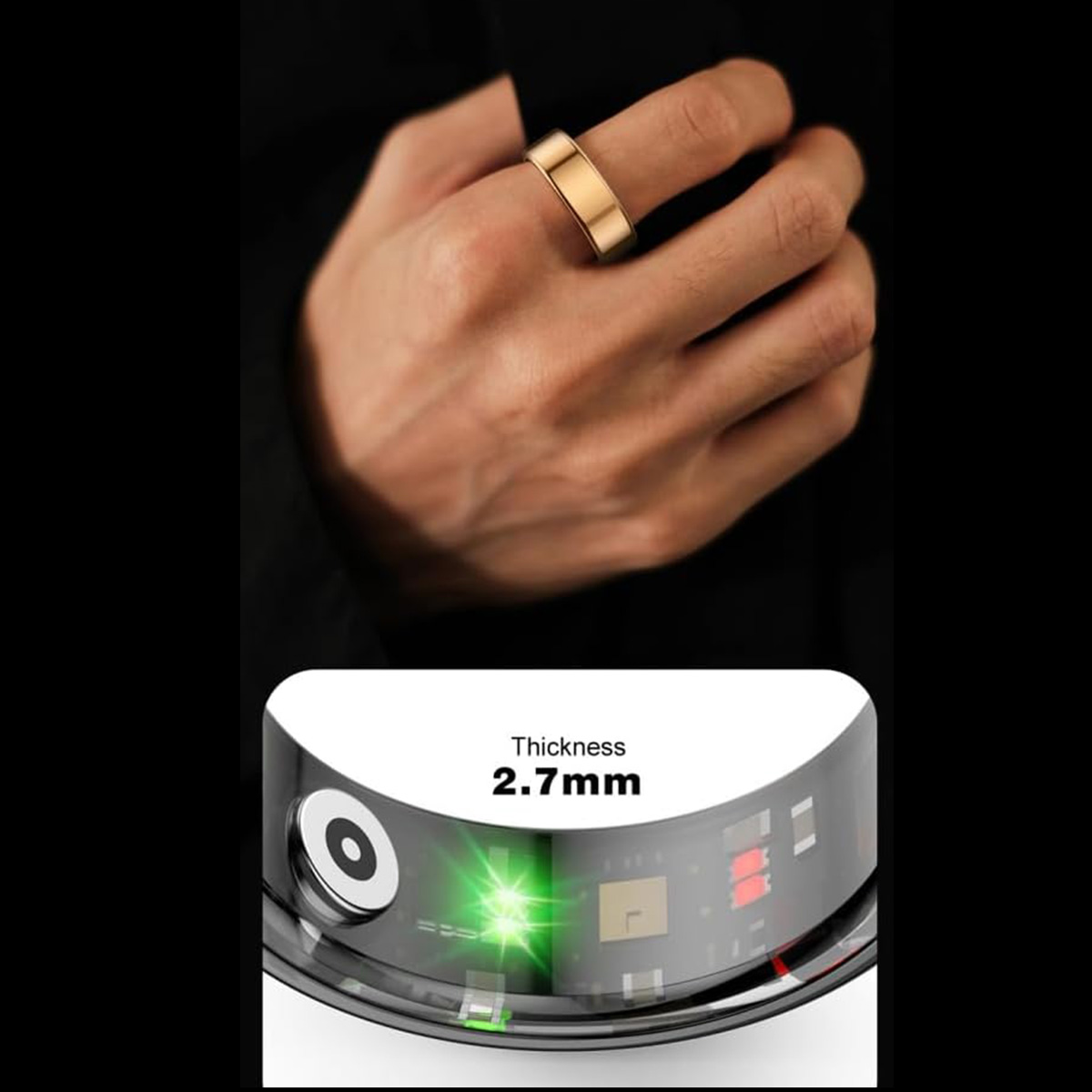 Una mano con un anillo dorado. Primer plano muestra el grosor del anillo: 2,7 mm, y componentes.