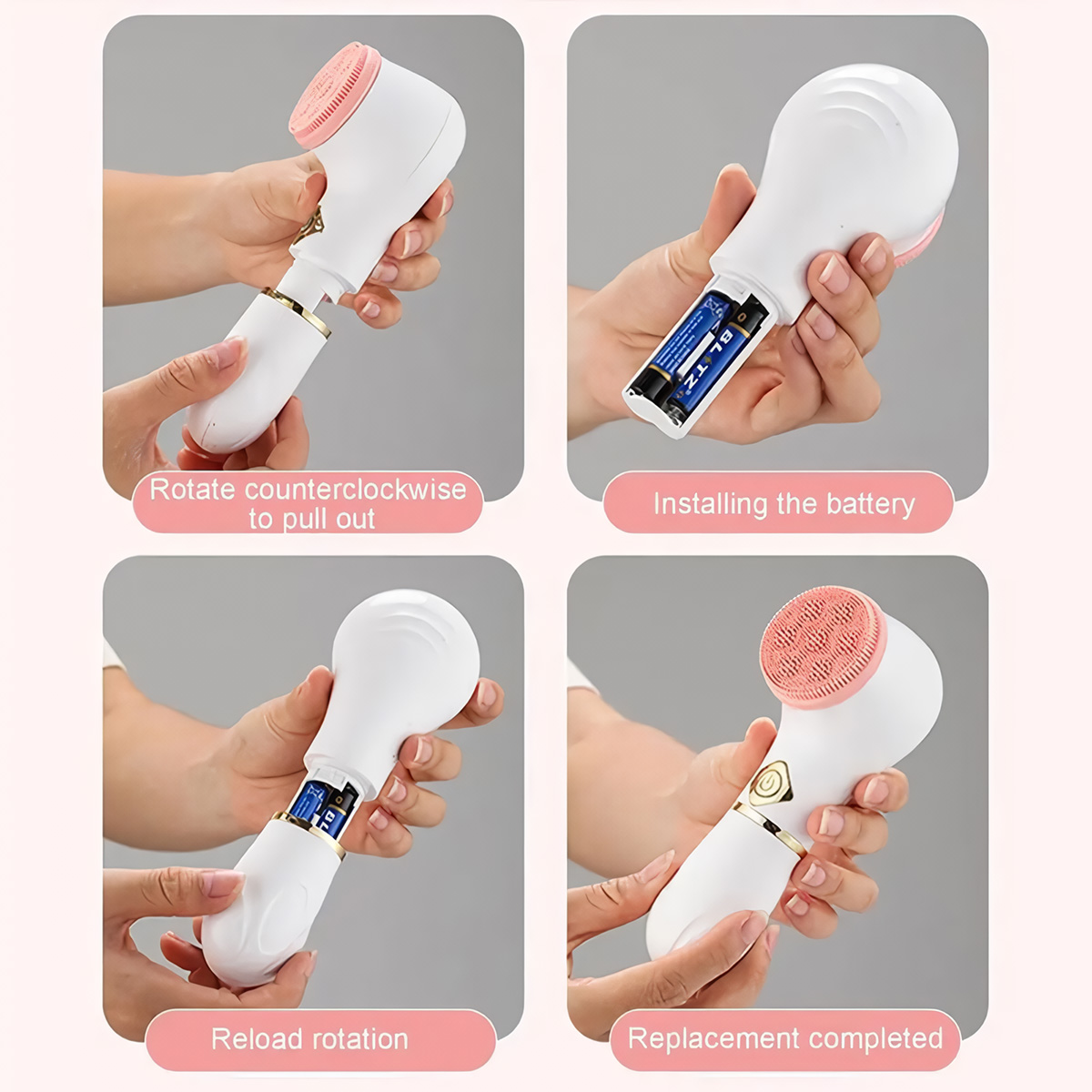 Cuatro imágenes que muestran cómo desmontar y volver a montar un cepillo de limpieza facial.