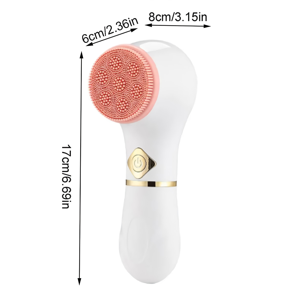 Cepillo de limpieza facial blanco con cerdas rosas.