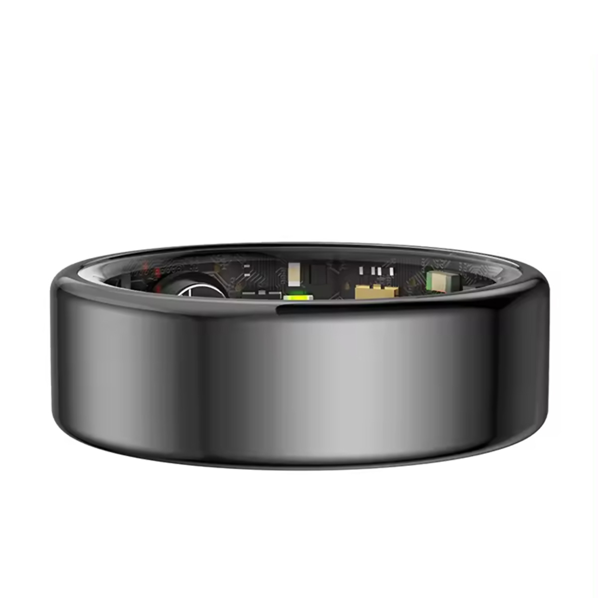 Un anillo inteligente negro. El anillo es metálico y tiene un diseño de placa de circuito visible en el interior.