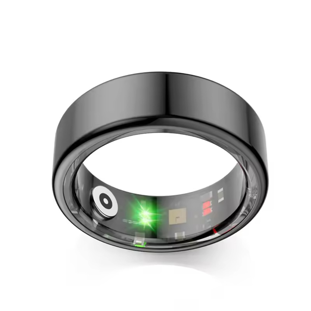 Anillo inteligente negro. Luz verde iluminada, sensores visibles. Aislado sobre fondo blanco.