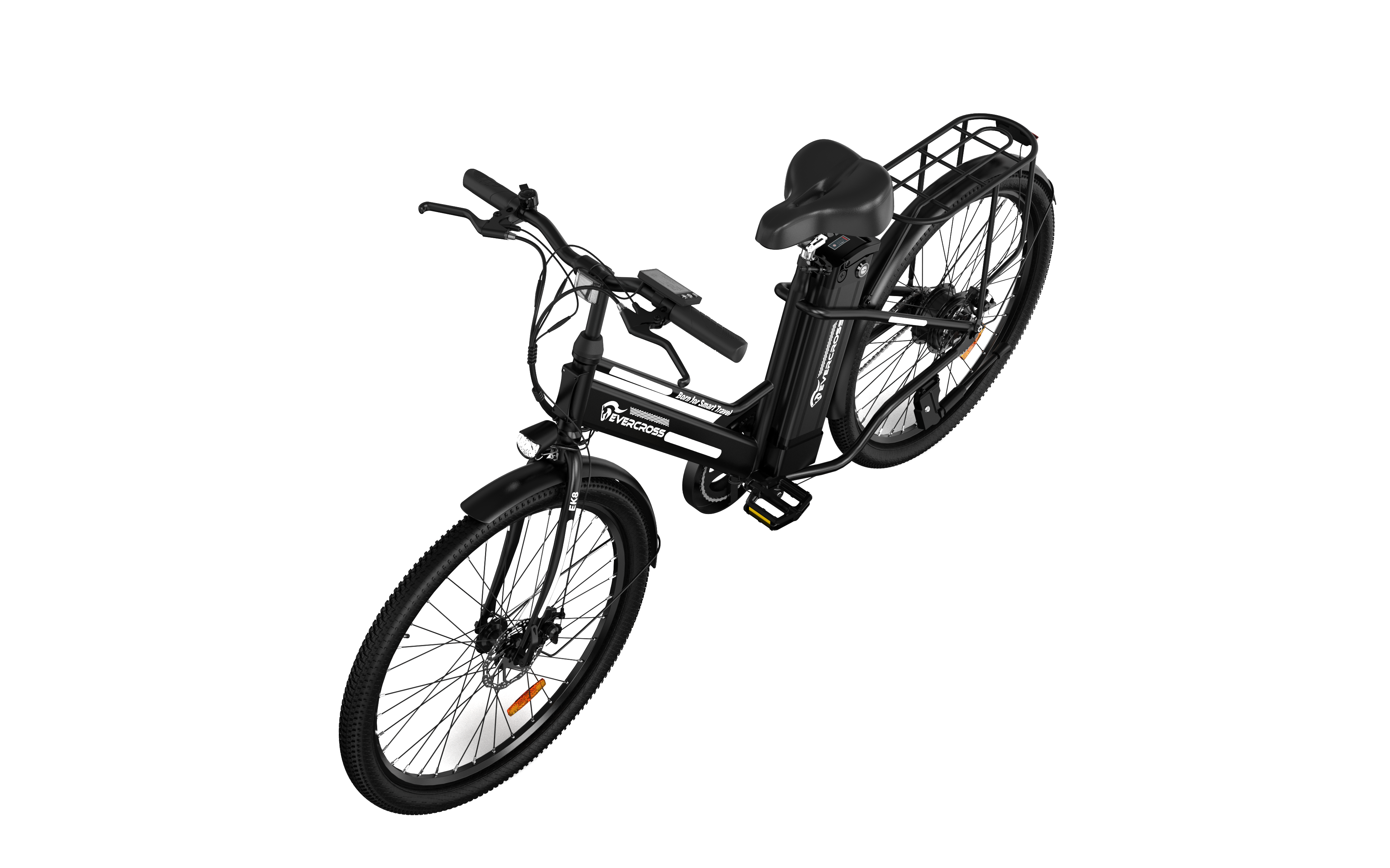 Schwarzes Elektrofahrrad. Es ist nach oben abgewinkelt und zeigt die Vorder- und Seite des Fahrrads.