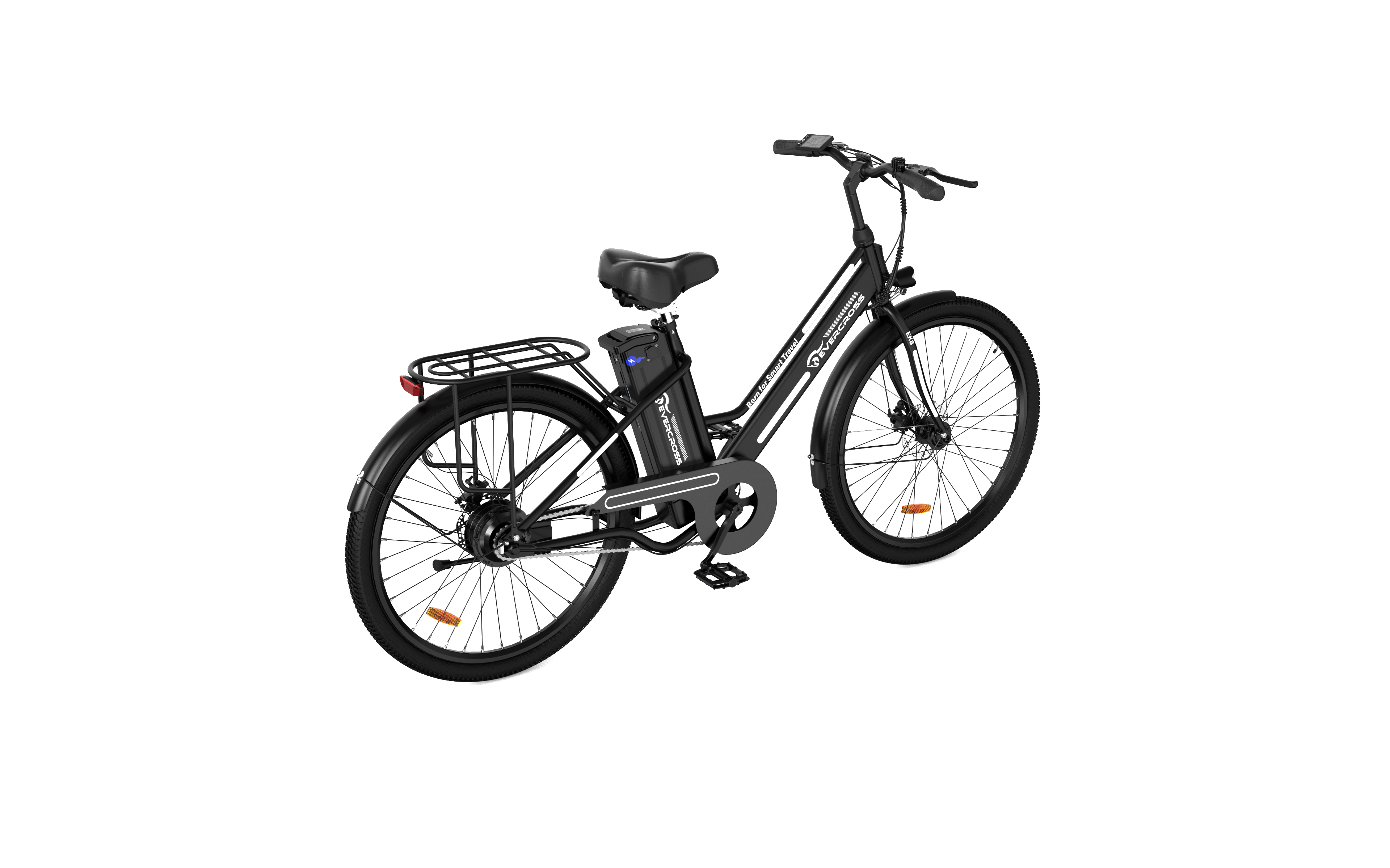 Schwarzes Elektrofahrrad mit Gepäckträger auf weißem Hintergrund. Es hat eine Batterie und einen Sitz.