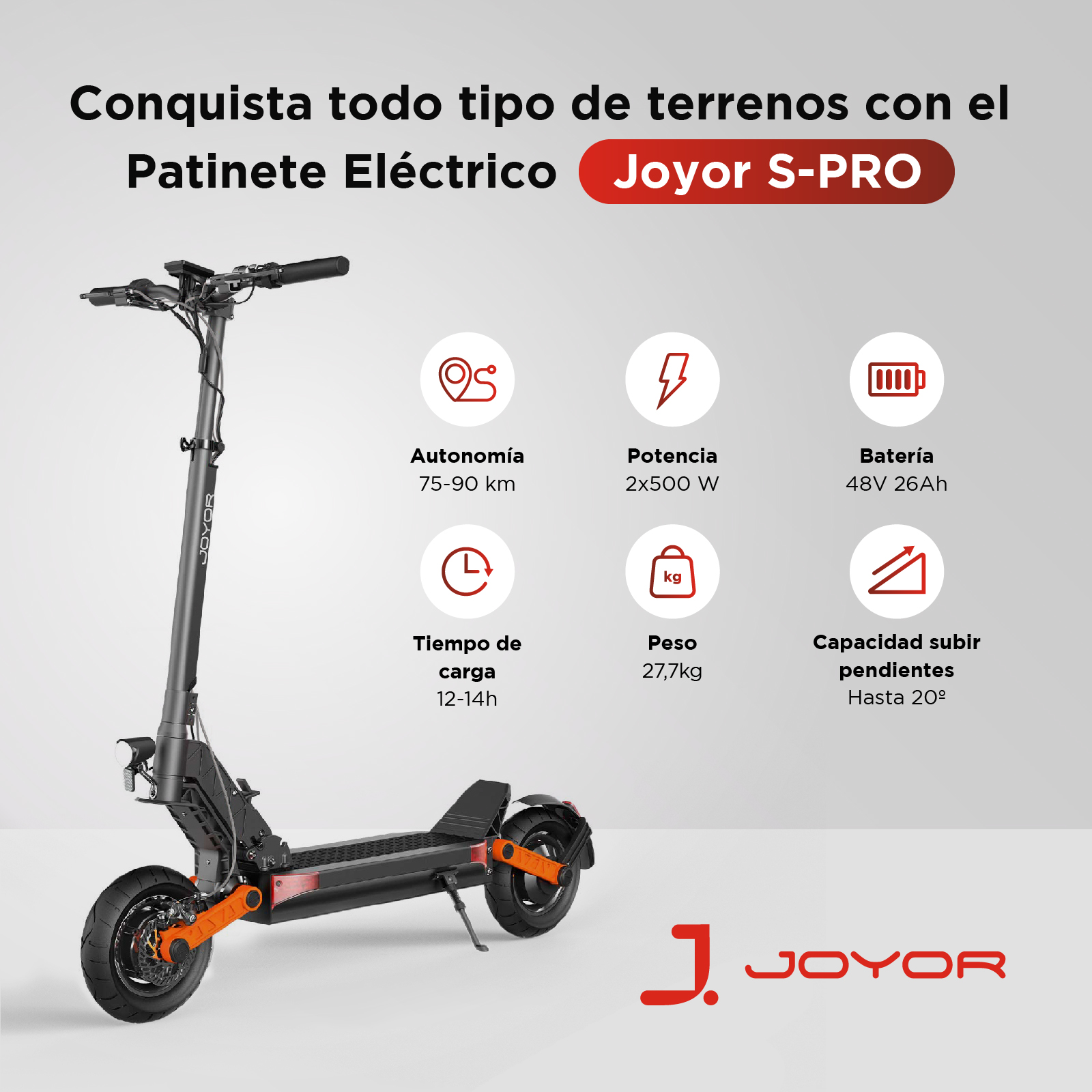 Patinete eléctrico con detalles naranjas. Es negro y tiene texto con especificaciones.