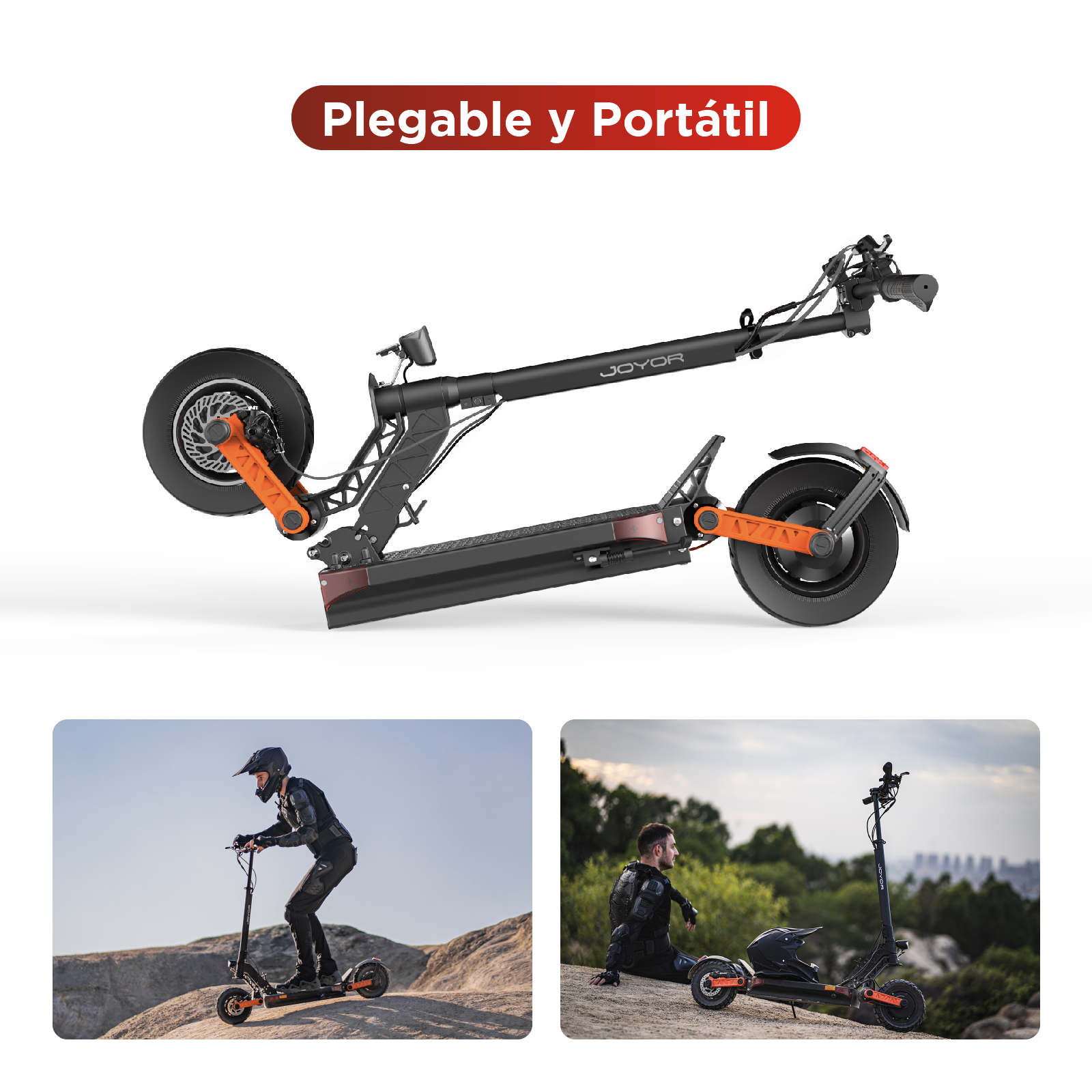 Patinete eléctrico plegable y portátil, mostrado plegado y en uso por personas. Acentos naranjas.