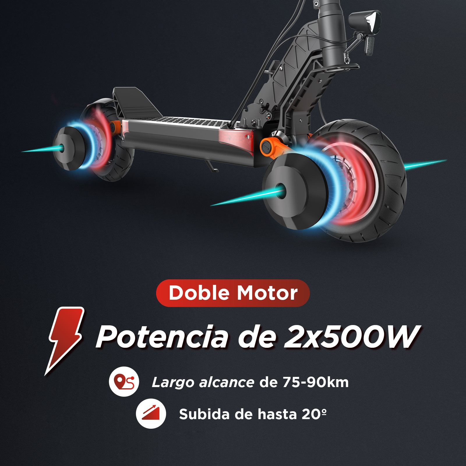 Patinete eléctrico con efecto de luz roja y azul, y texto sobre sus características.