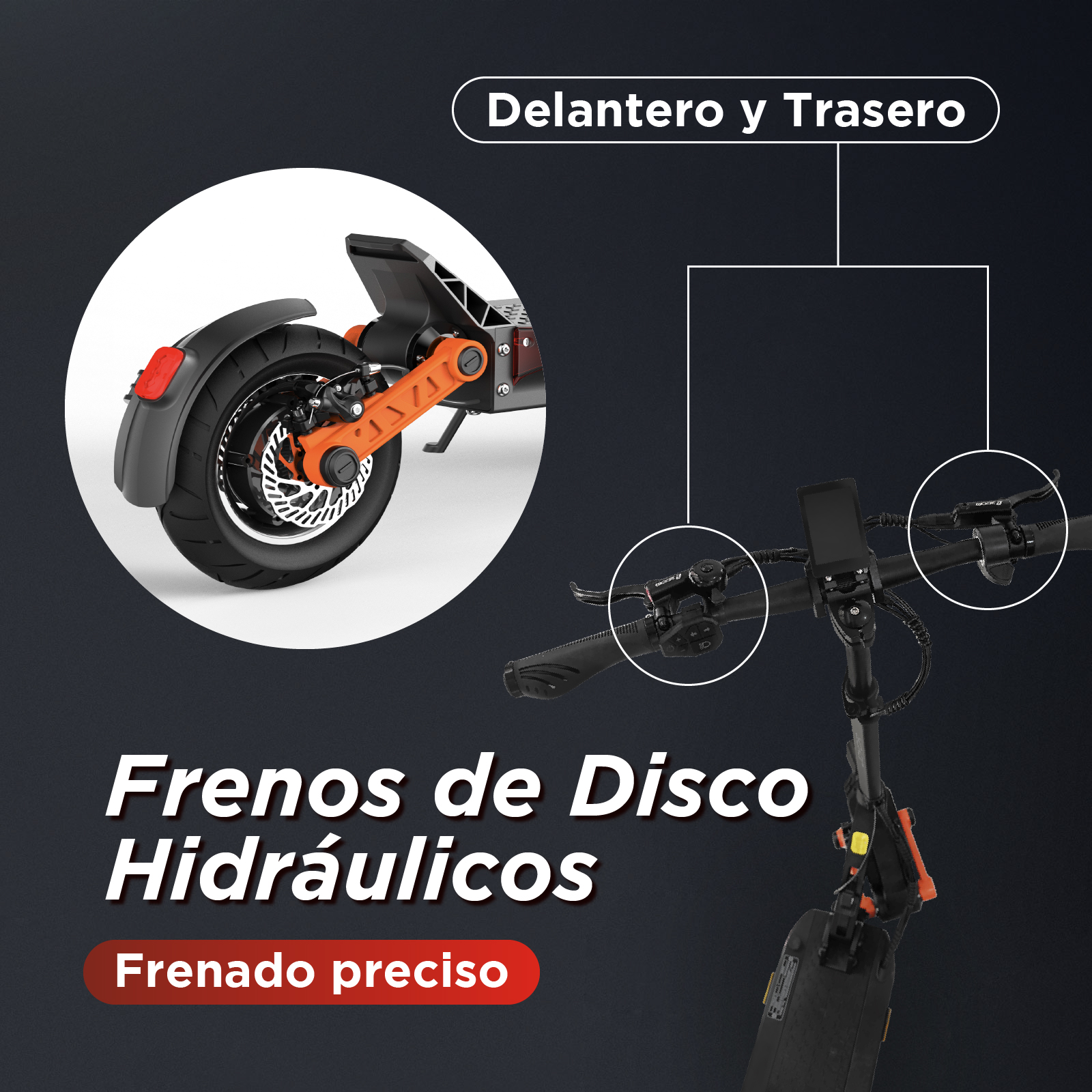 Primer plano de un patinete eléctrico que muestra la rueda delantera, los frenos y el manillar.