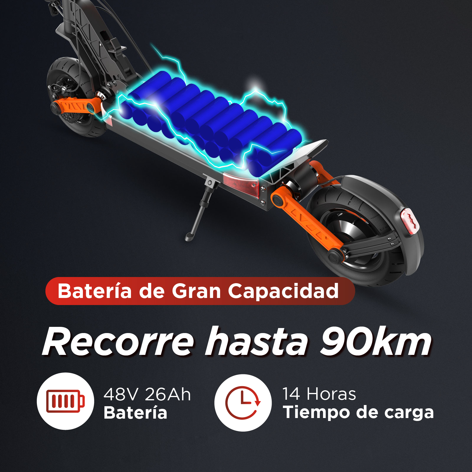 Scooter negro con batería y texto sobre capacidad y autonomía de la batería.