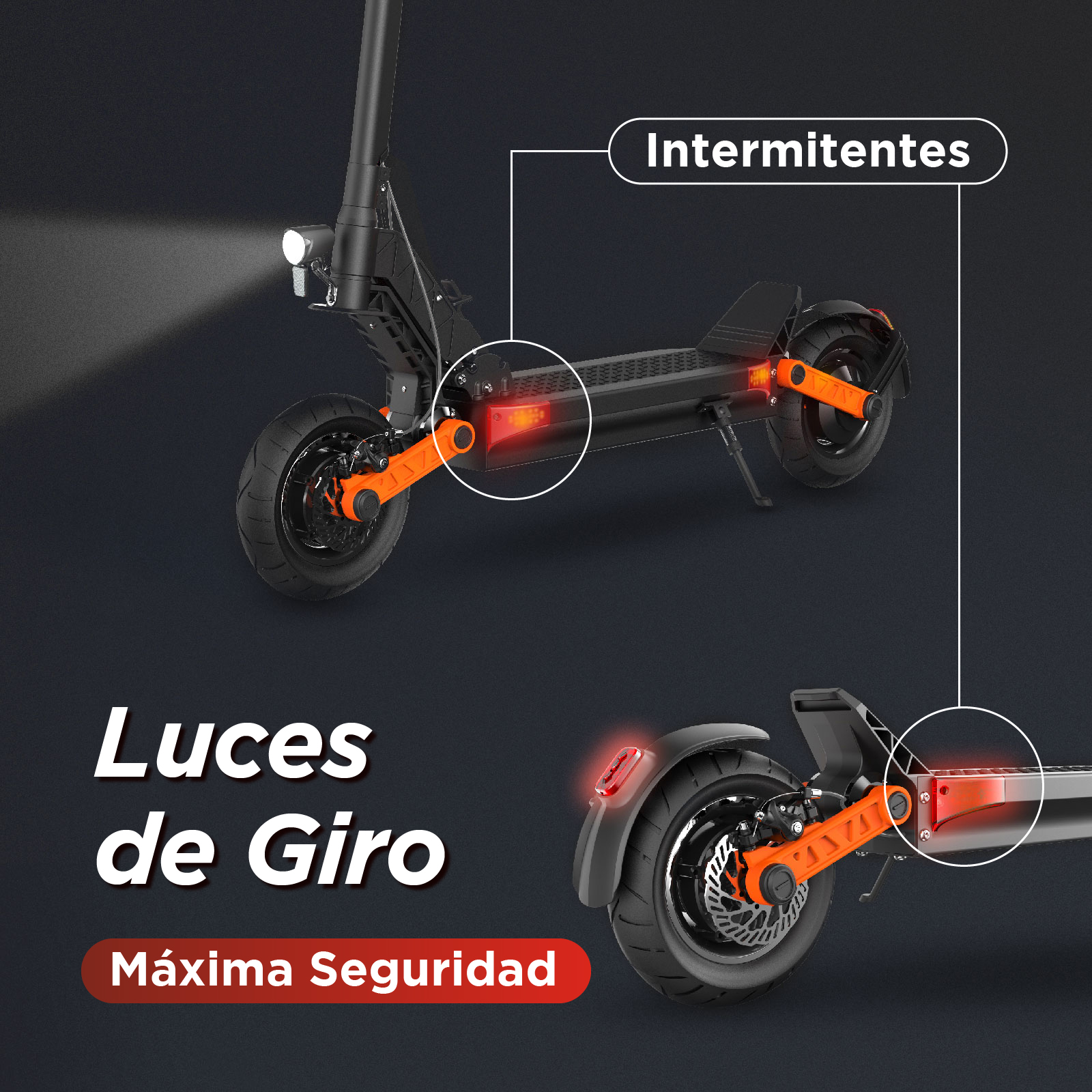 Patinete eléctrico negro con detalles naranjas. Se destacan luces e intermitentes.