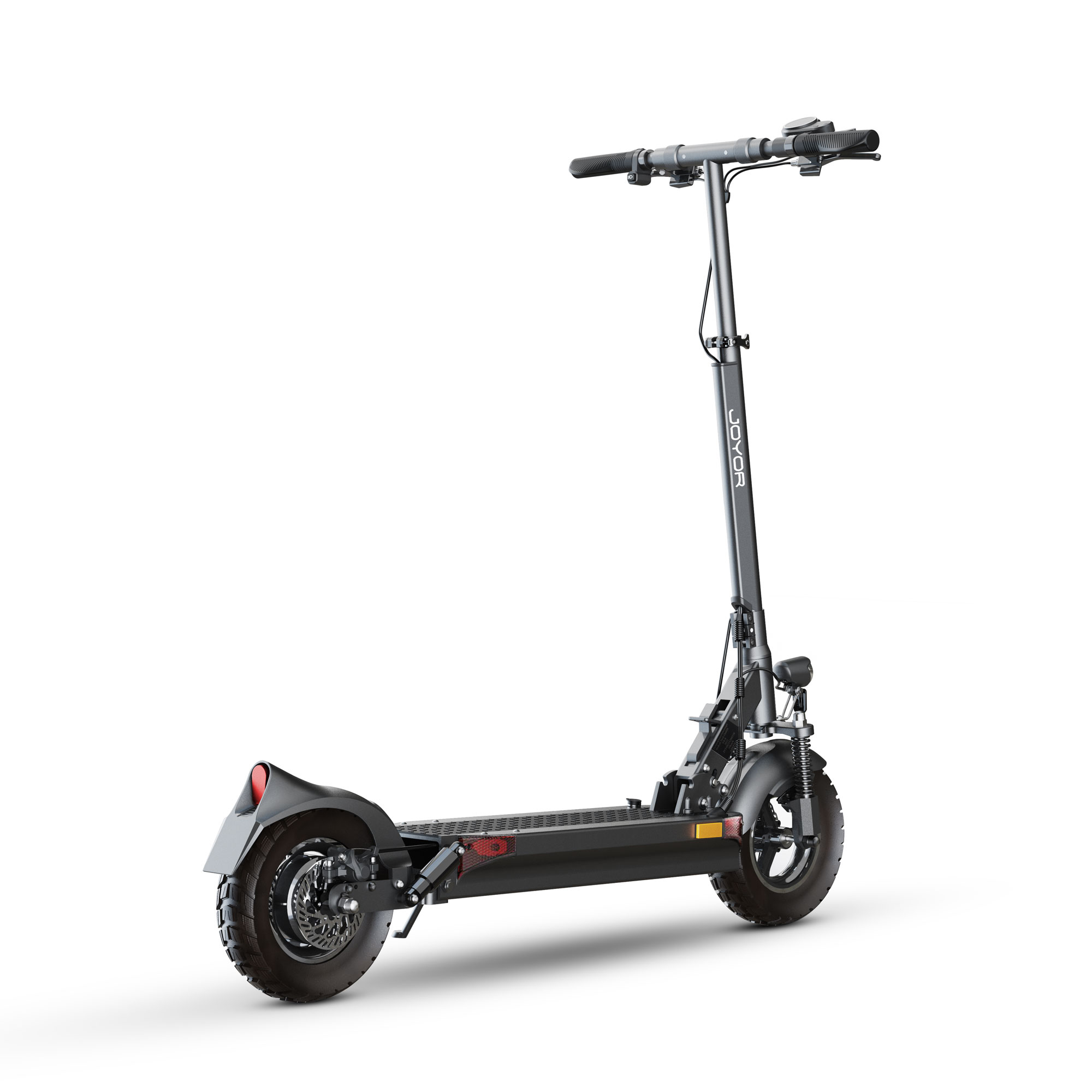 Patinete eléctrico negro y gris sobre fondo blanco. El patinete tiene dos ruedas.