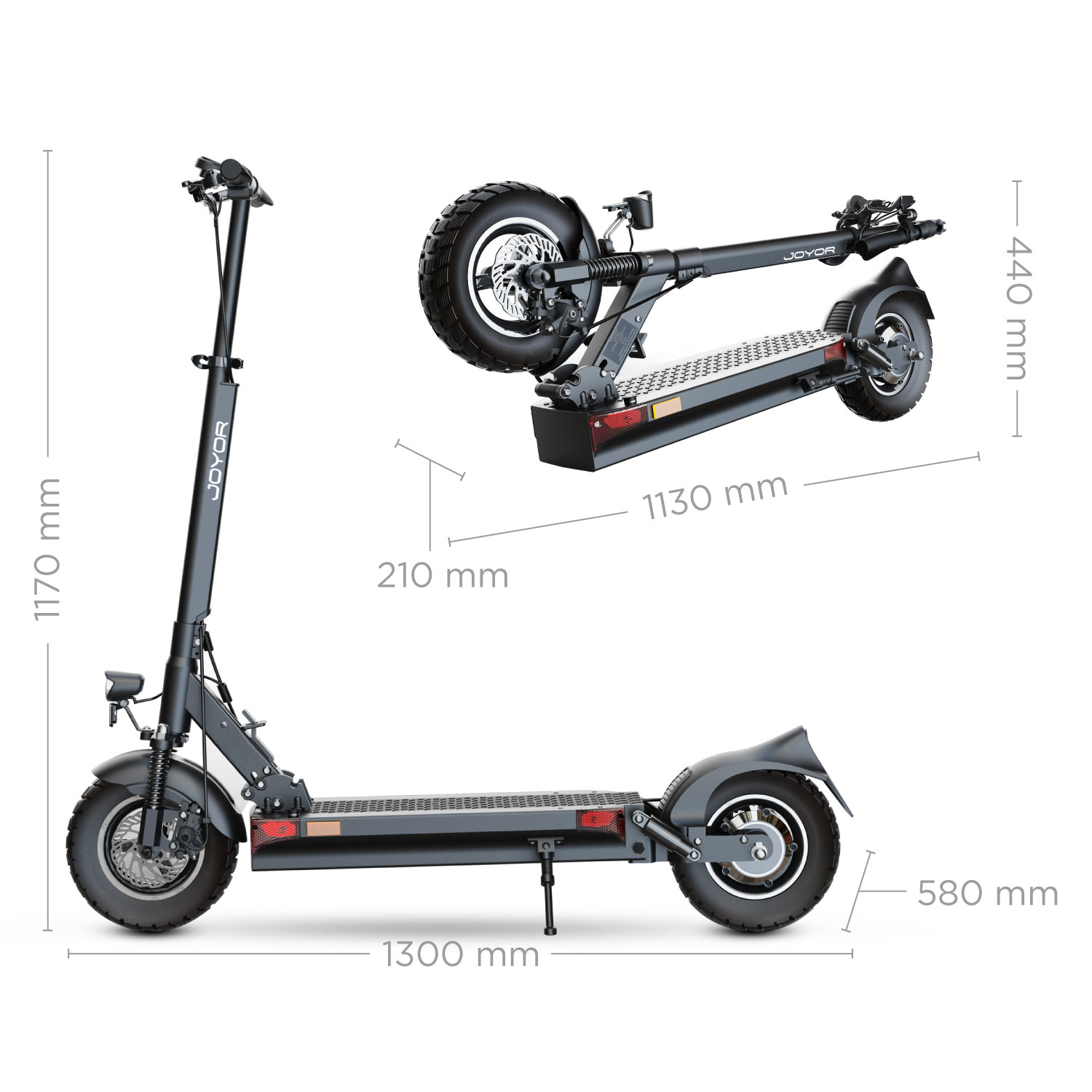 Scooter eléctrico negro, plegado y desplegado, con medidas indicadas. Detalles grises y negros.