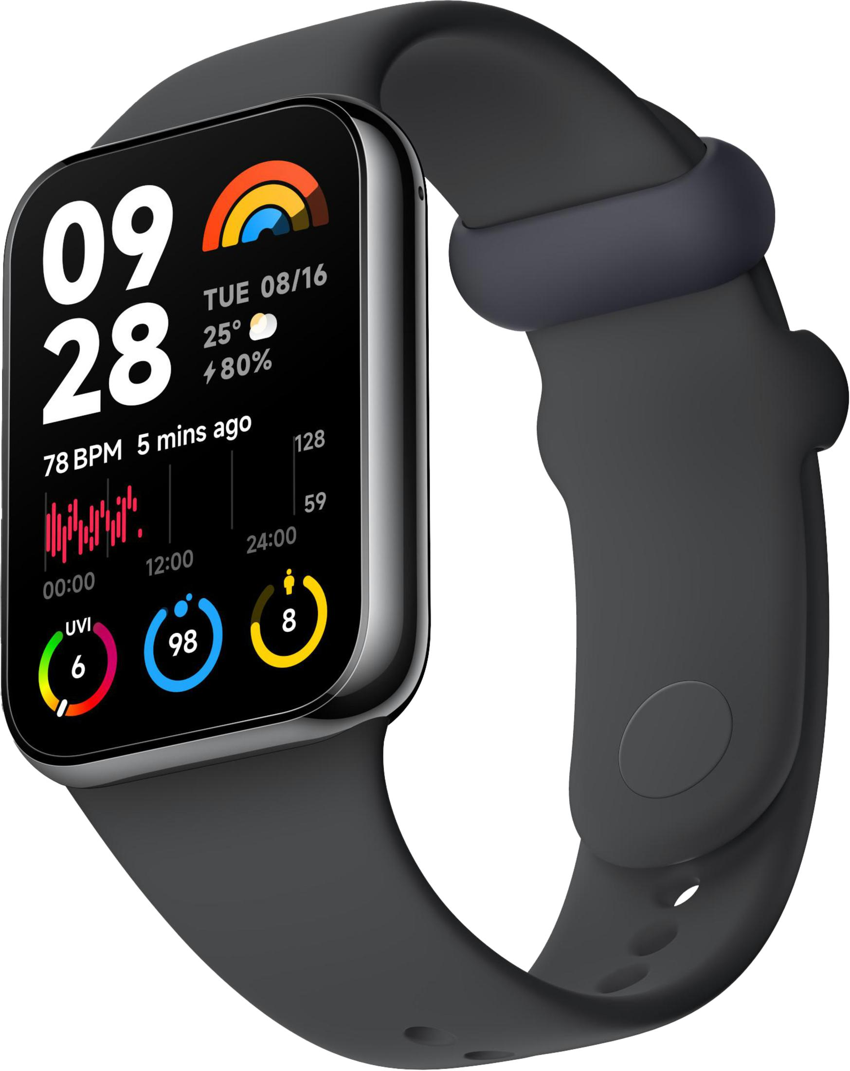 Smartwatch met zwarte band, toont tijd, datum, temperatuur, batterijduur en hartslag.