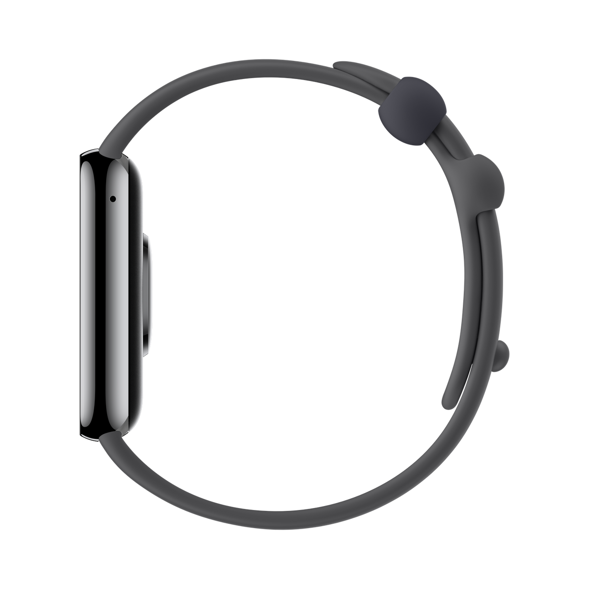 Zijaanzicht van een zwart smartwatch met grijze band, in een cirkelvormige opstelling.