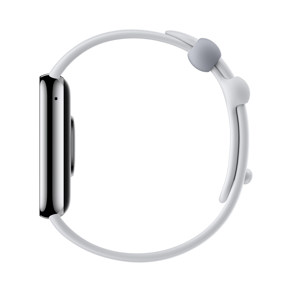 Widok z boku srebrnego smartwatcha z białym paskiem na czarnym tle.