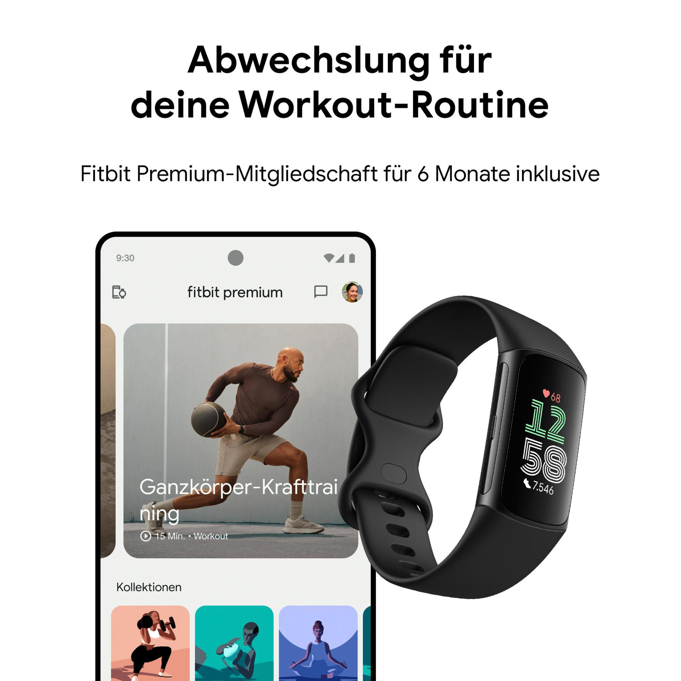 Czarny tracker fitness z ekranem wyświetlającym dane obok smartfona z aplikacjami fitness.