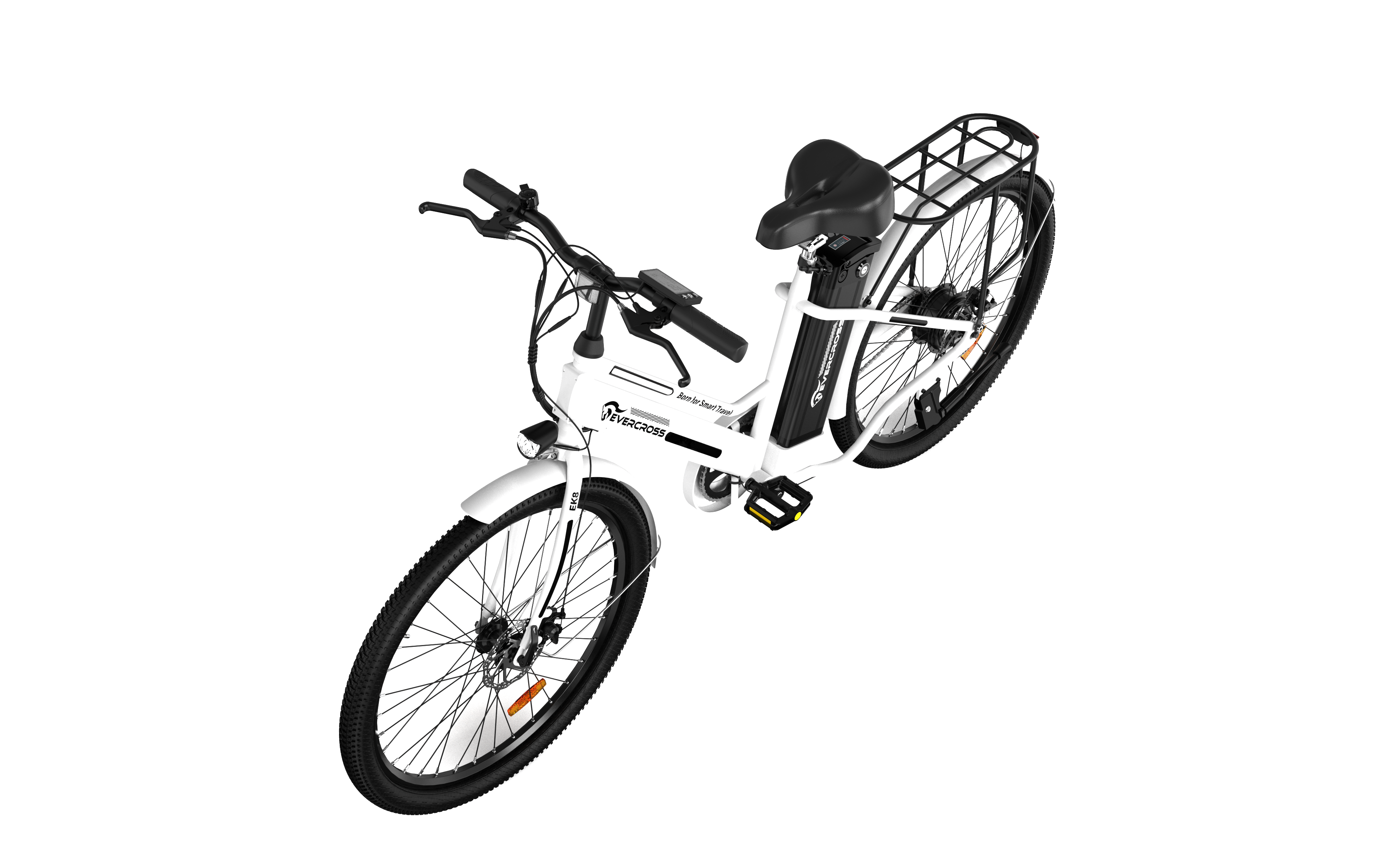 Weißes Elektrofahrrad mit schwarzen Reifen und Gepäckträger.