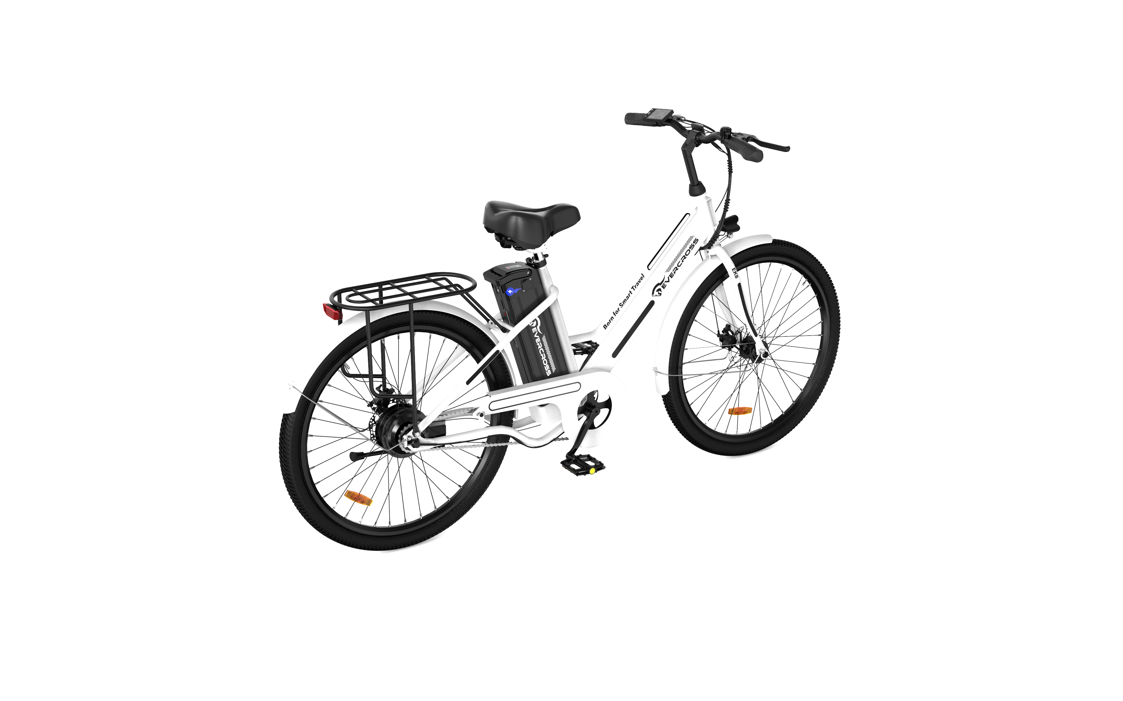 Ein weißes Elektrofahrrad mit schwarzen Rädern auf weißem Hintergrund.