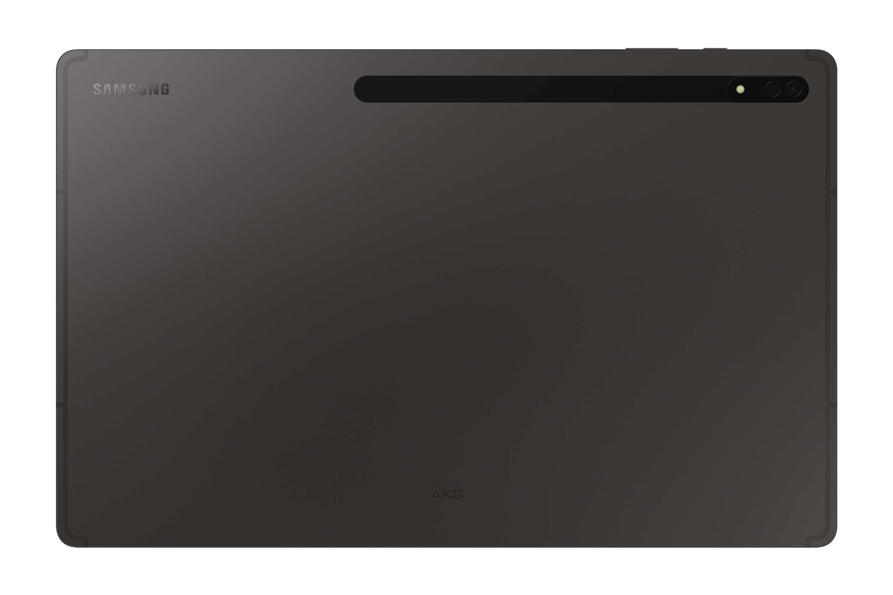 Rückseite eines dunkelgrauen Samsung Tablets mit Kamera und Markierungen, isoliert.