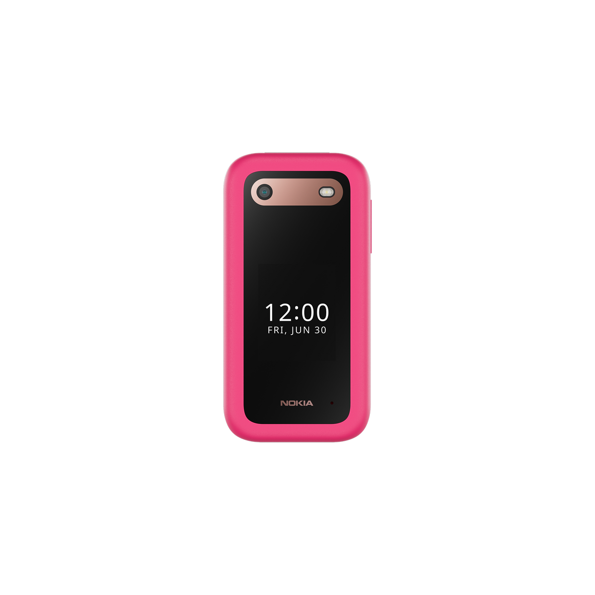 Teléfono rosa con pantalla negra que muestra 12:00. Tiene una carcasa rosa y cámara dorada.