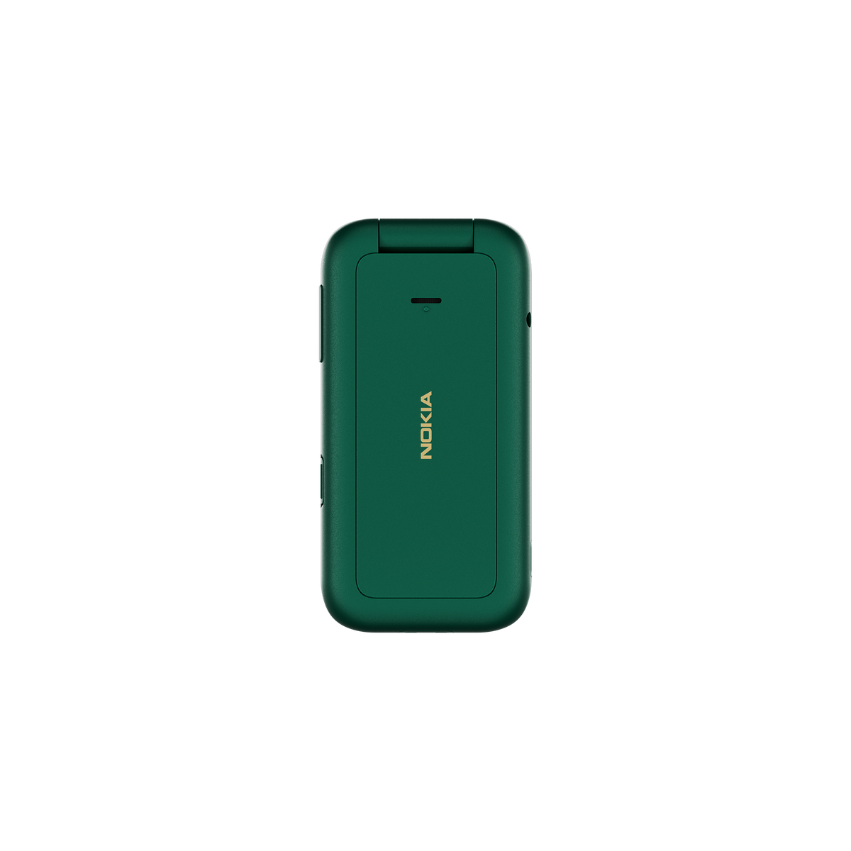 Teléfono Nokia verde plegable, cerrado, sobre fondo negro.