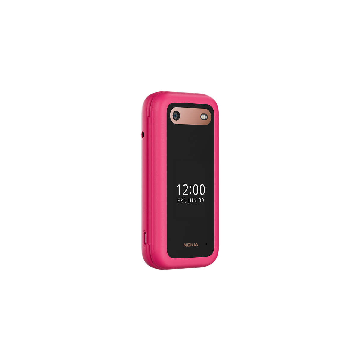Teléfono Nokia rosa, pantalla negra con hora. Fondo negro.