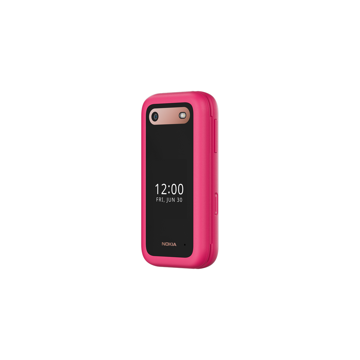 Teléfono Nokia rosa con pantalla negra que muestra la hora, 12:00.