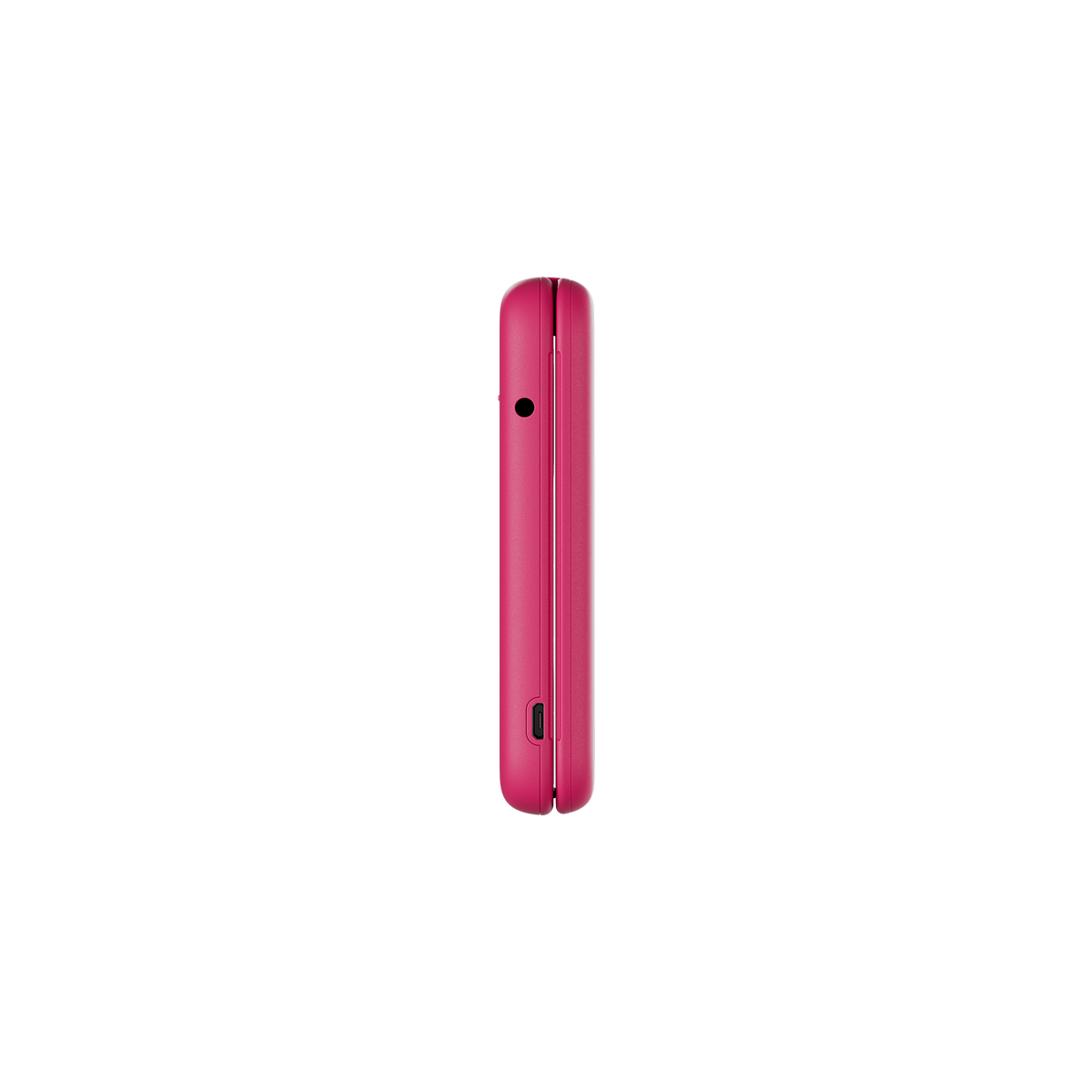 Teléfono plegable rosa cerrado sobre fondo negro. Vista lateral.