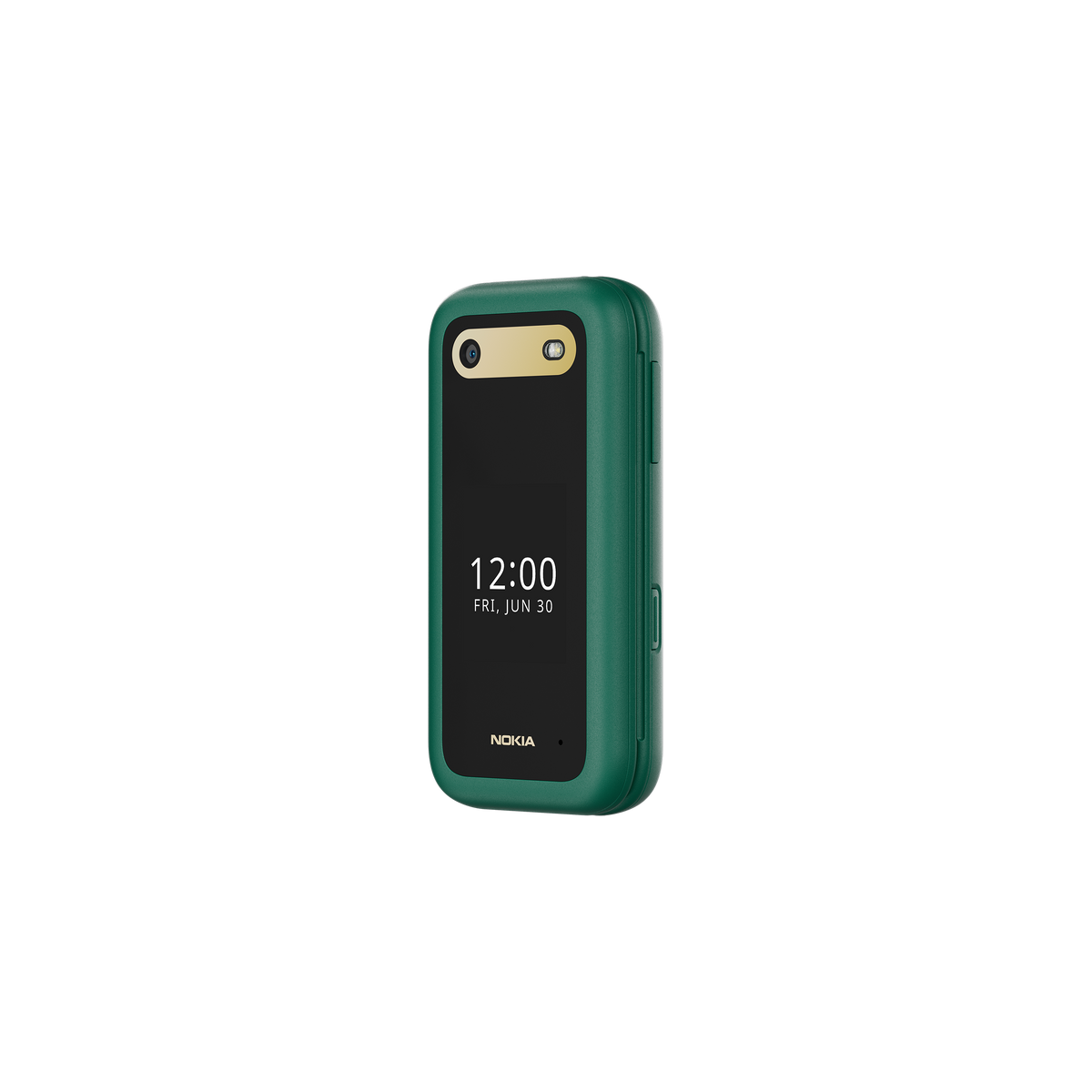 Teléfono Nokia verde con pantalla negra que muestra la hora y la fecha. Tiene un marco dorado.