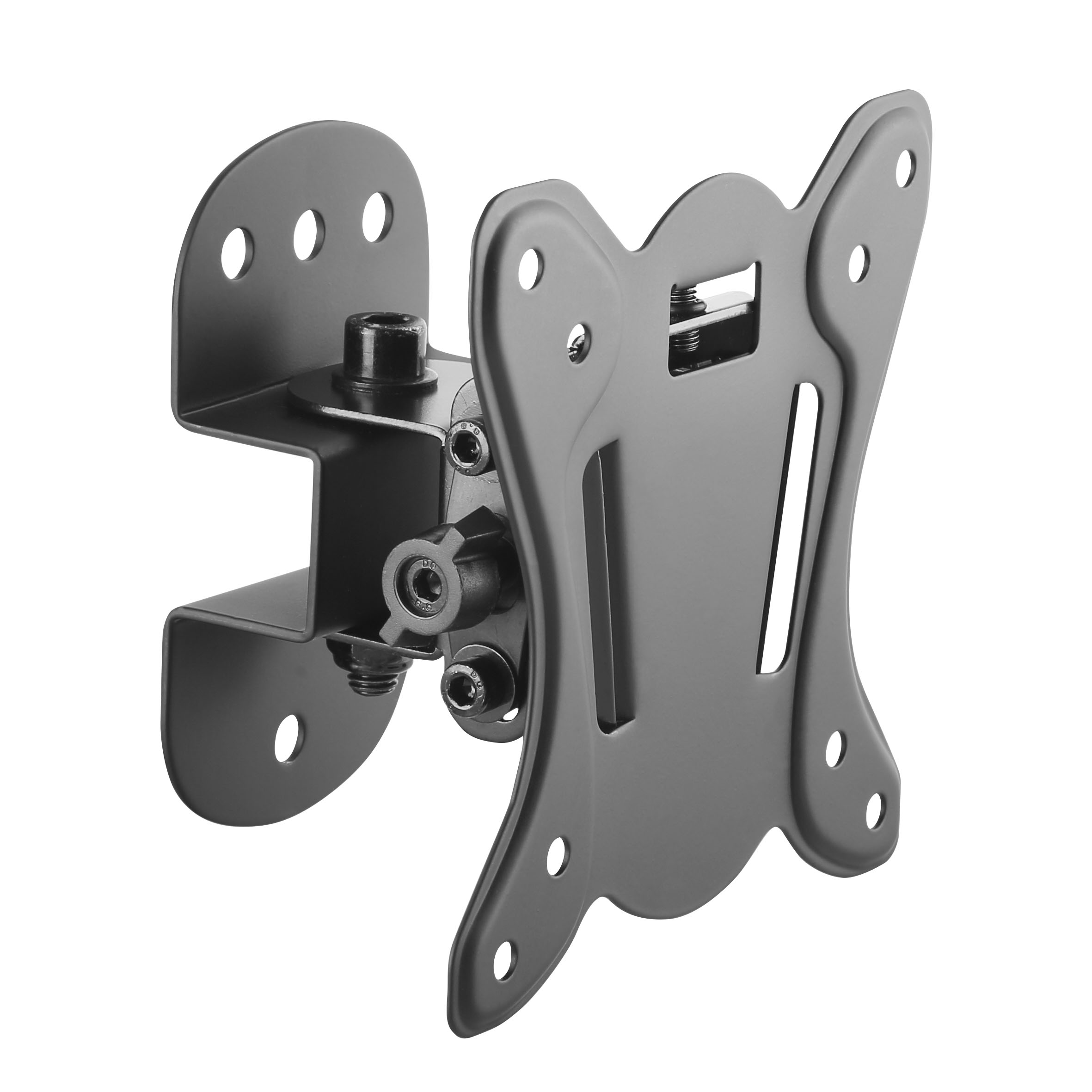 Soporte de pared para TV de metal negro, con múltiples agujeros y puntos de montaje.