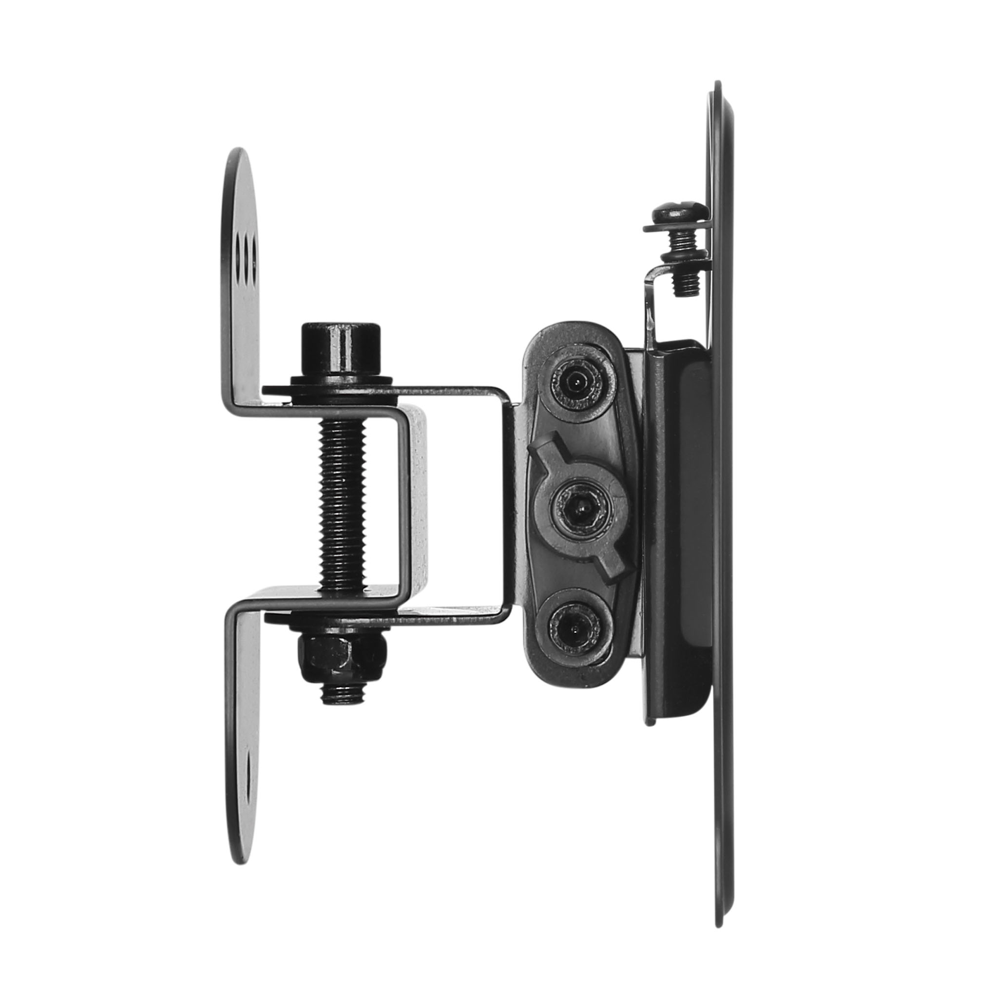 Soporte de montaje de TV negro con tornillos y pernos.