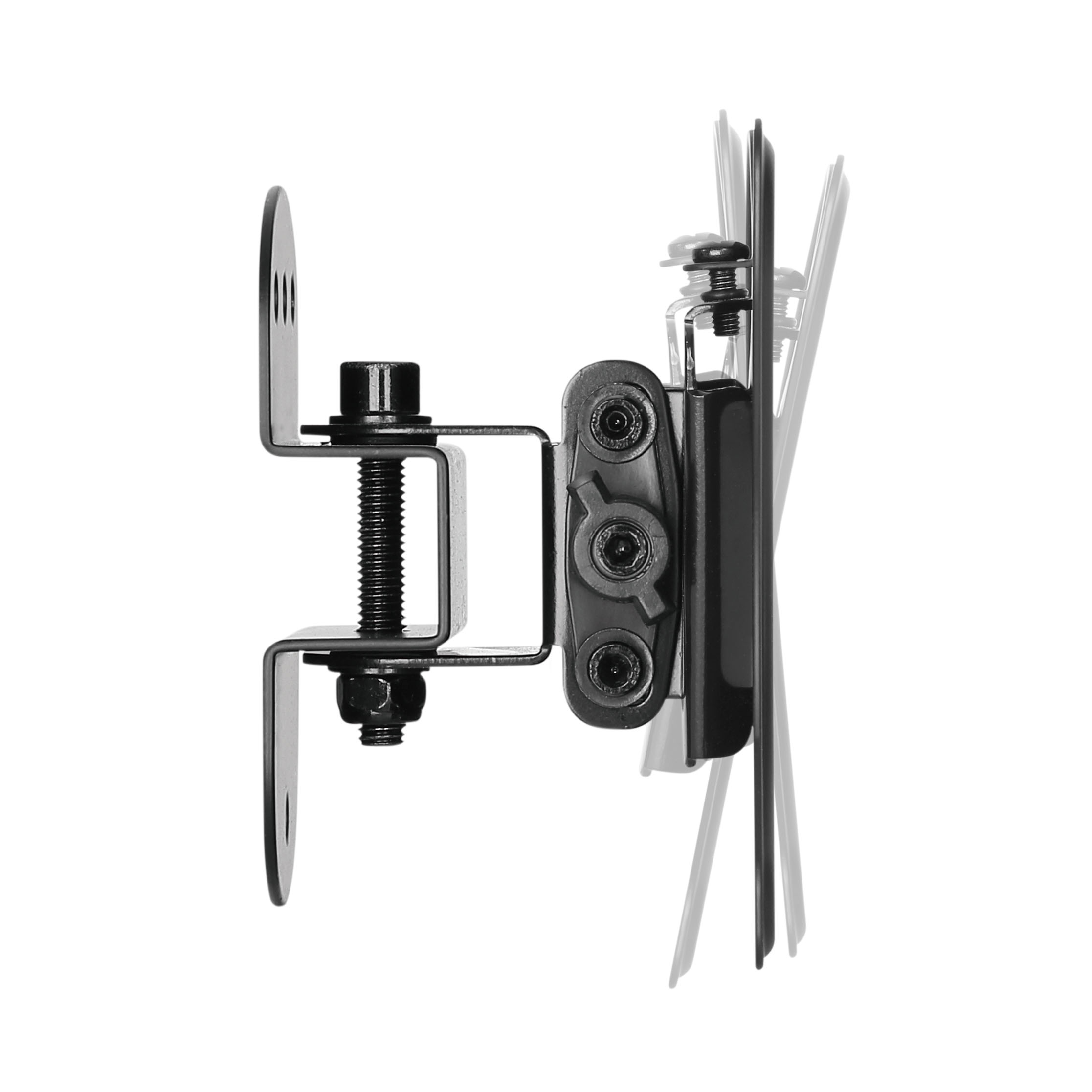Soporte de pared para TV negro, en ángulo, con pernos y mecanismos de ajuste.