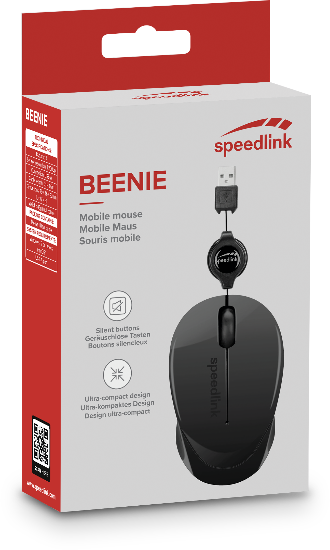 Zwarte Speedlink Beenie mobiele muis met USB-kabel. Verpakking toont functies en specificaties.