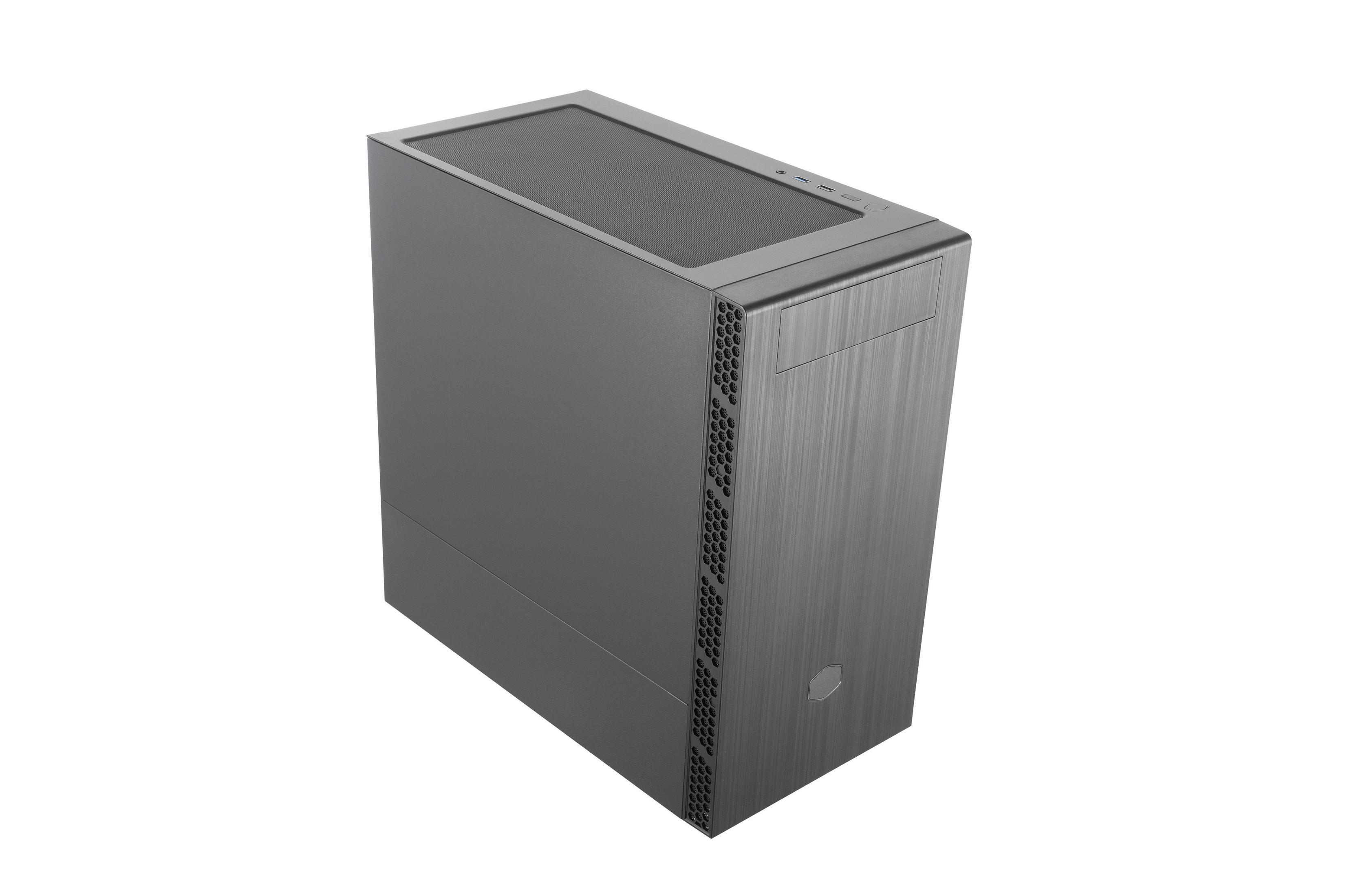 Un case per computer grigio scuro, visto dall'alto, isolato su bianco.