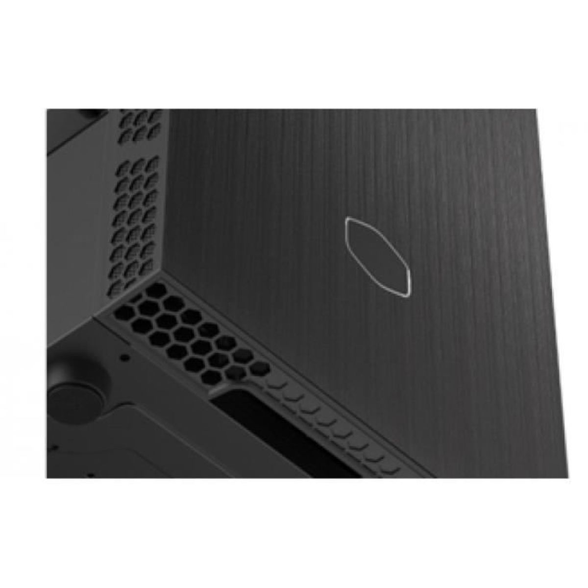 Case per computer nero con pannello laterale e piccolo logo.