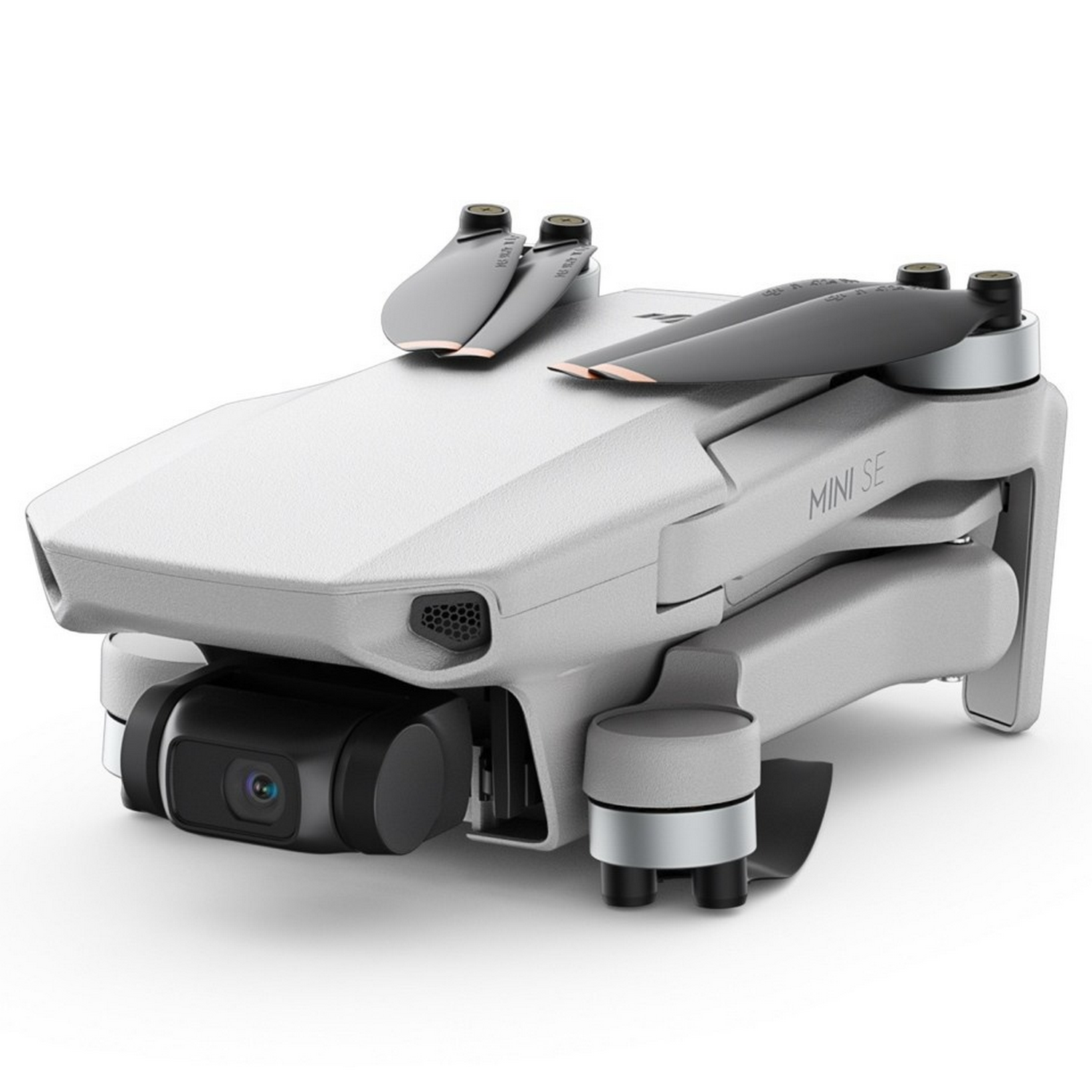 Eine graue und weiße DJI Mini SE Drohne mit Propellern, Kamera und Fahrwerk.